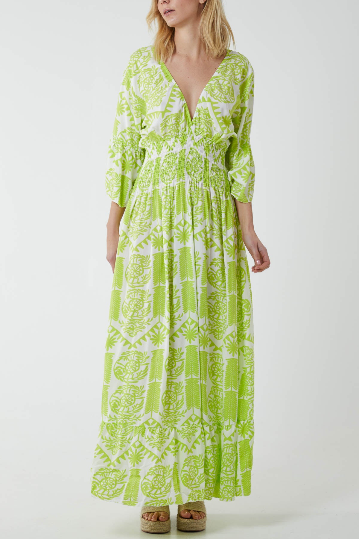 Baroque Shirred Bodice Midaxi Dress