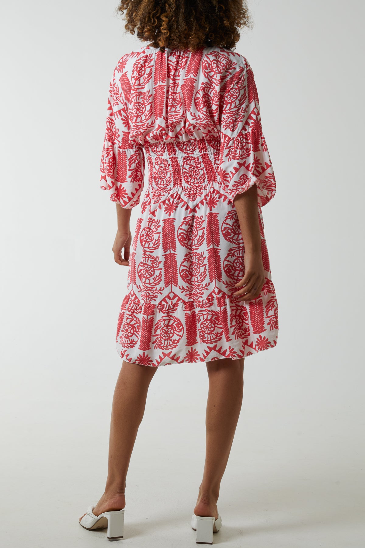 Damask Floral Shirred Bodice Dress