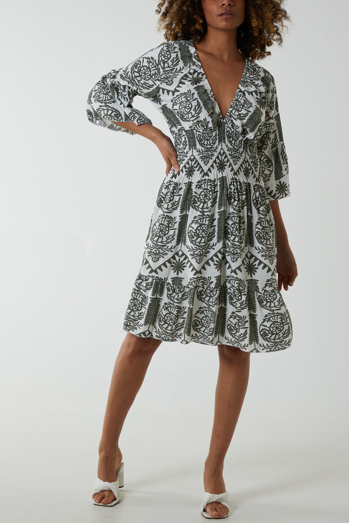 Damask Floral Shirred Bodice Dress