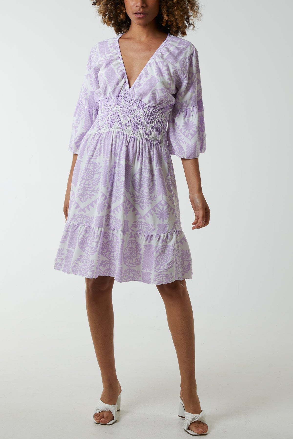 Damask Floral Shirred Bodice Dress