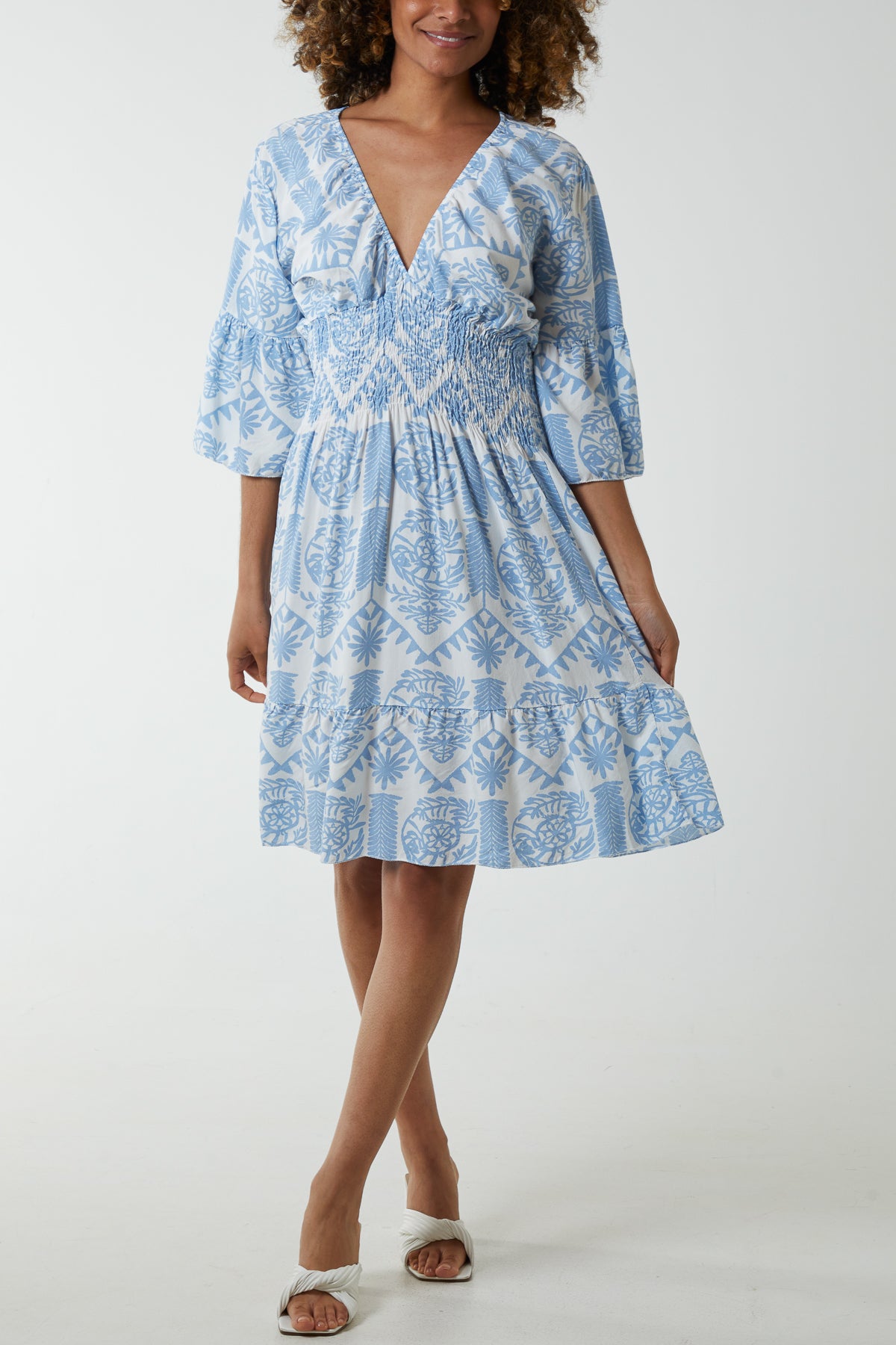 Damask Floral Shirred Bodice Dress