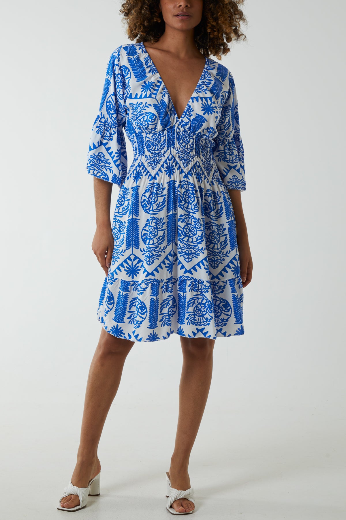 Damask Floral Shirred Bodice Dress