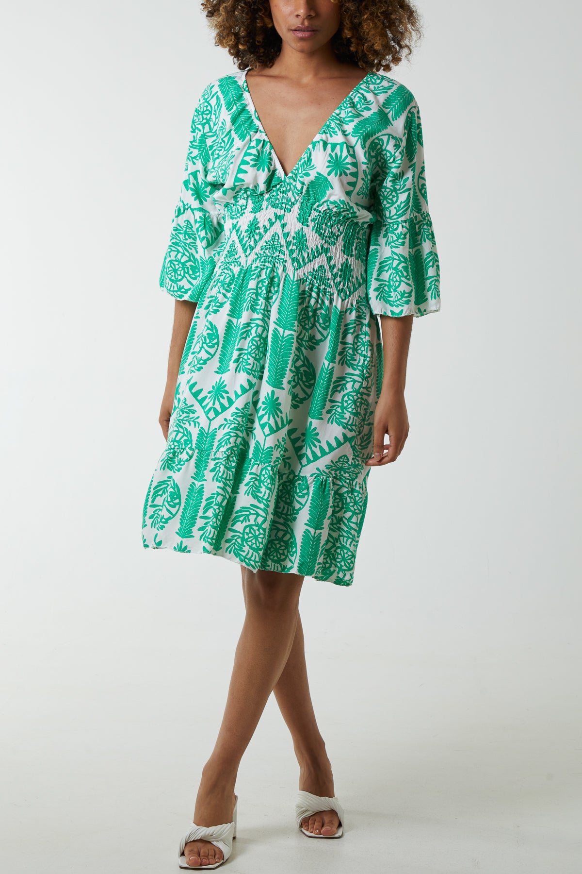 Damask Floral Shirred Bodice Dress