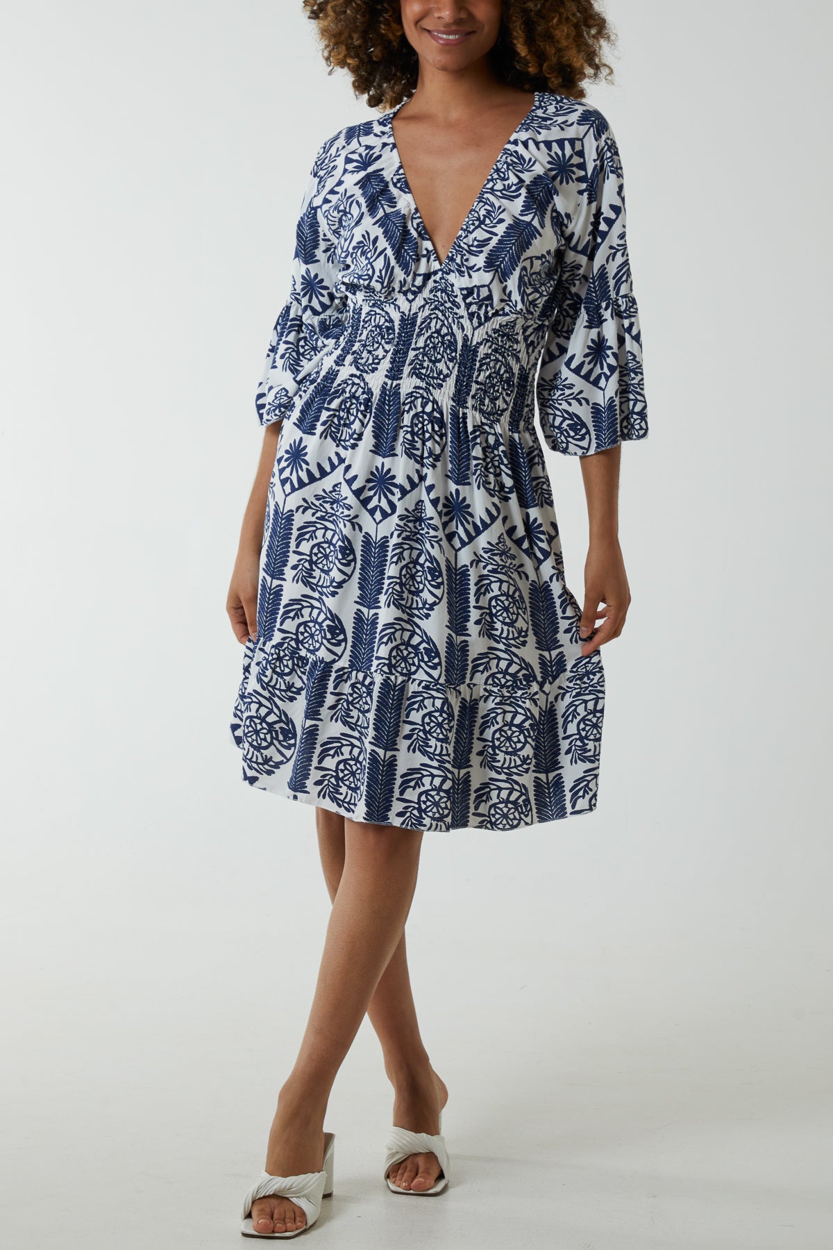 Damask Floral Shirred Bodice Dress