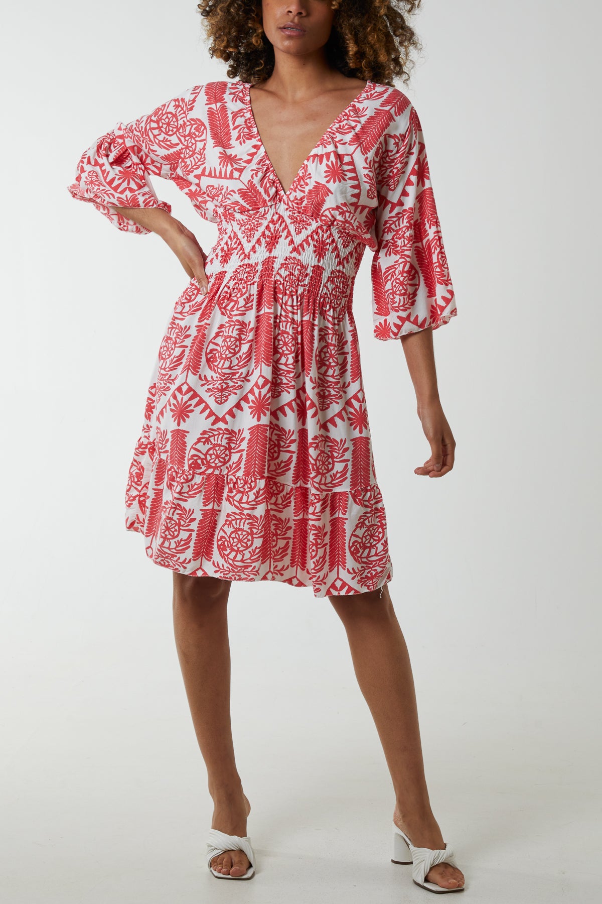 Damask Floral Shirred Bodice Dress