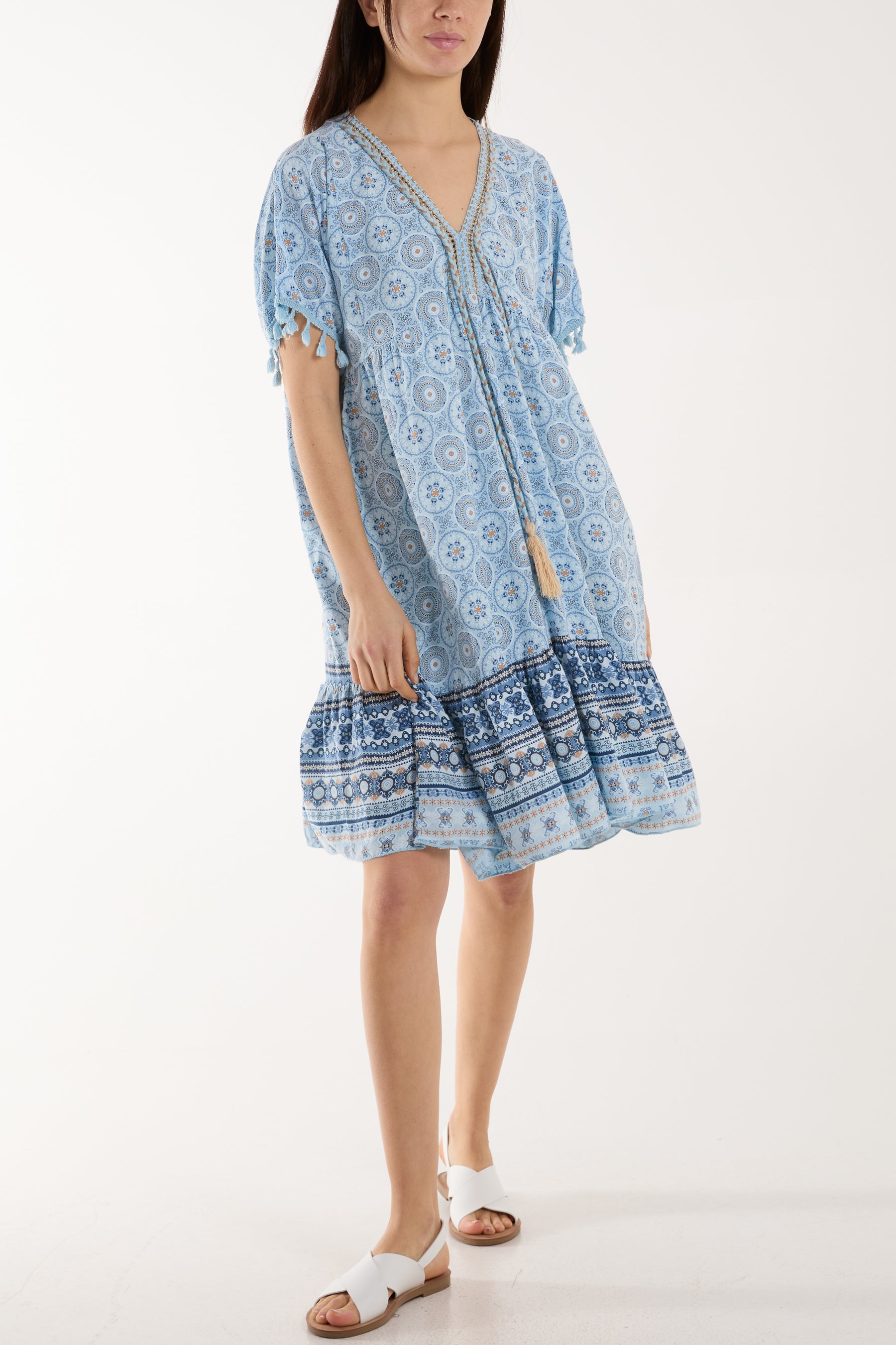 Geometric Print Dress with Tassels