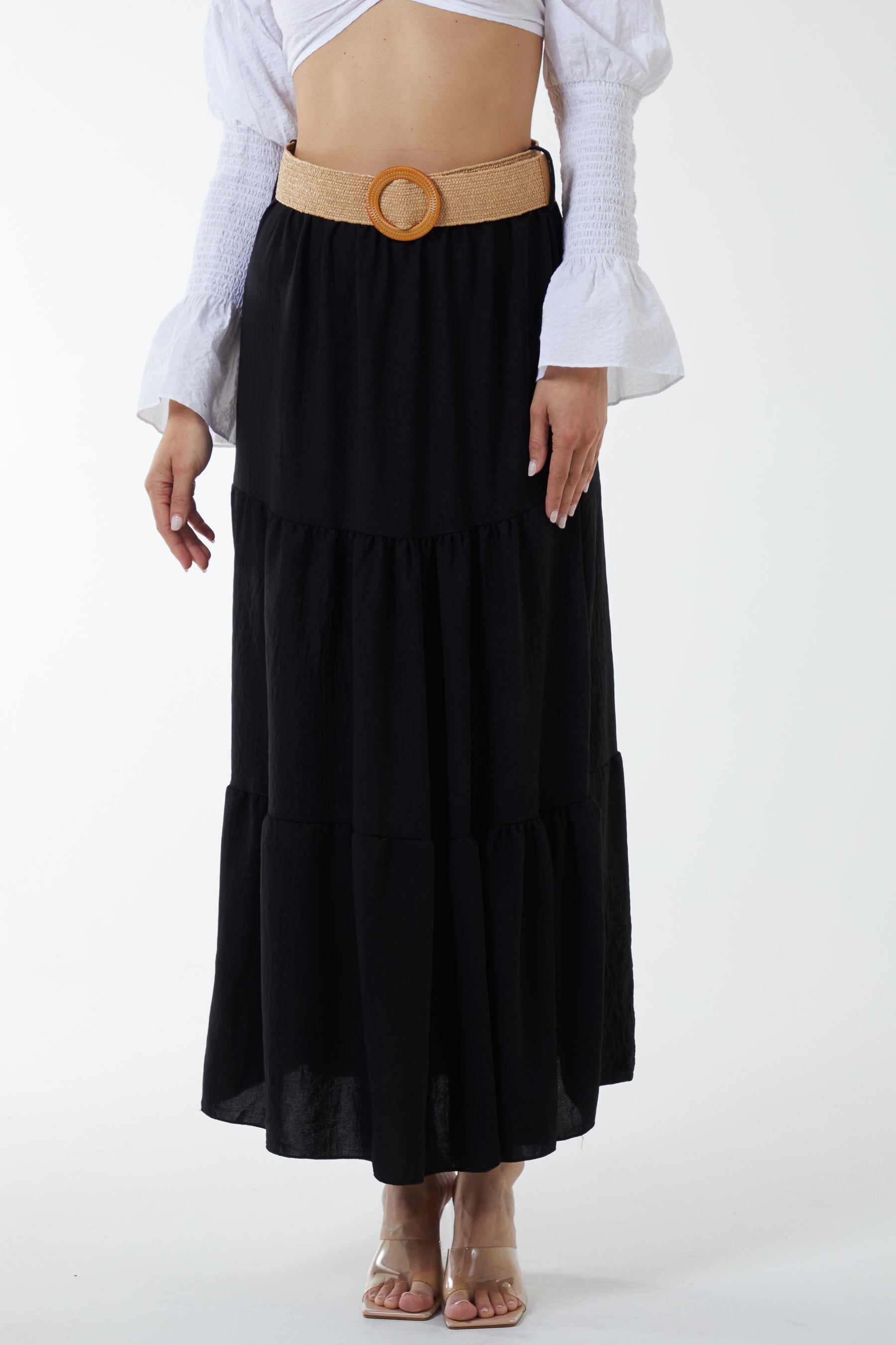 Belted Tiered Maxi Skirt