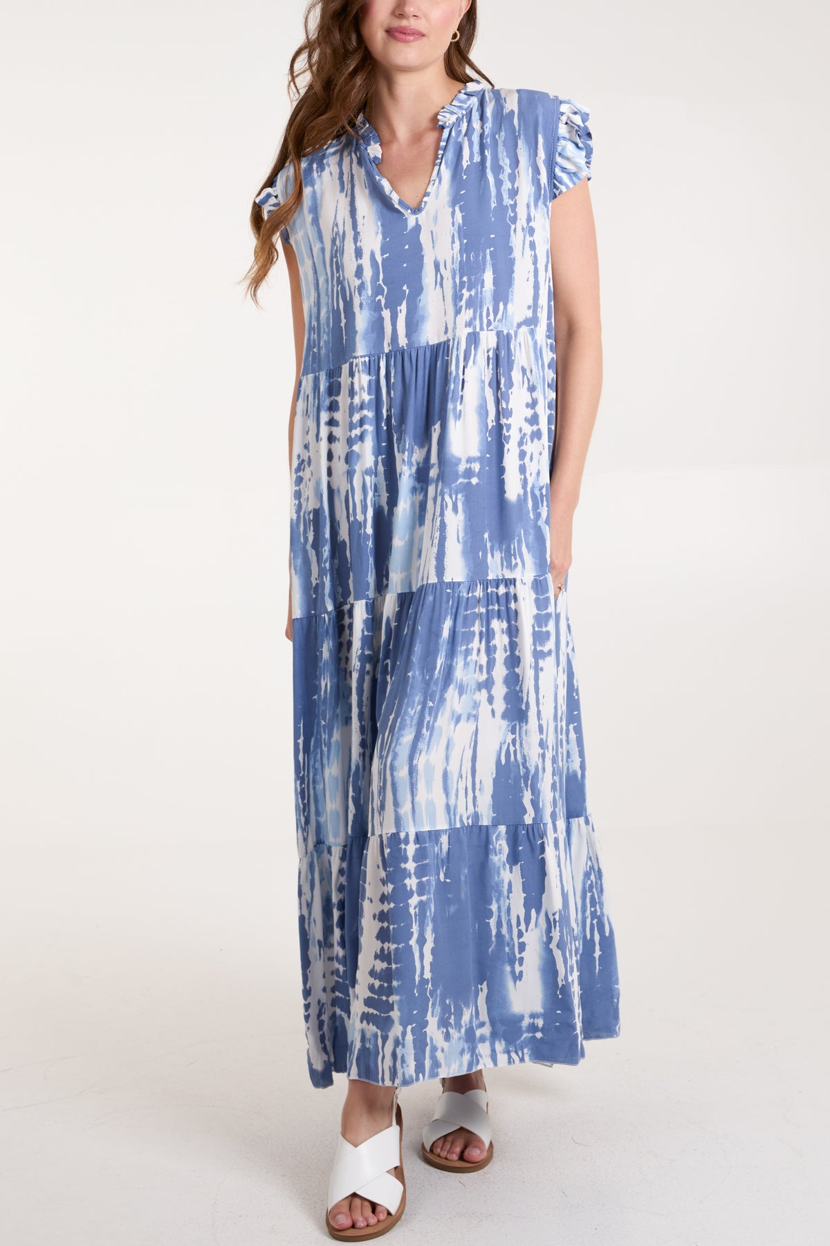 Abstract Frill Sleeve Tiered Dress