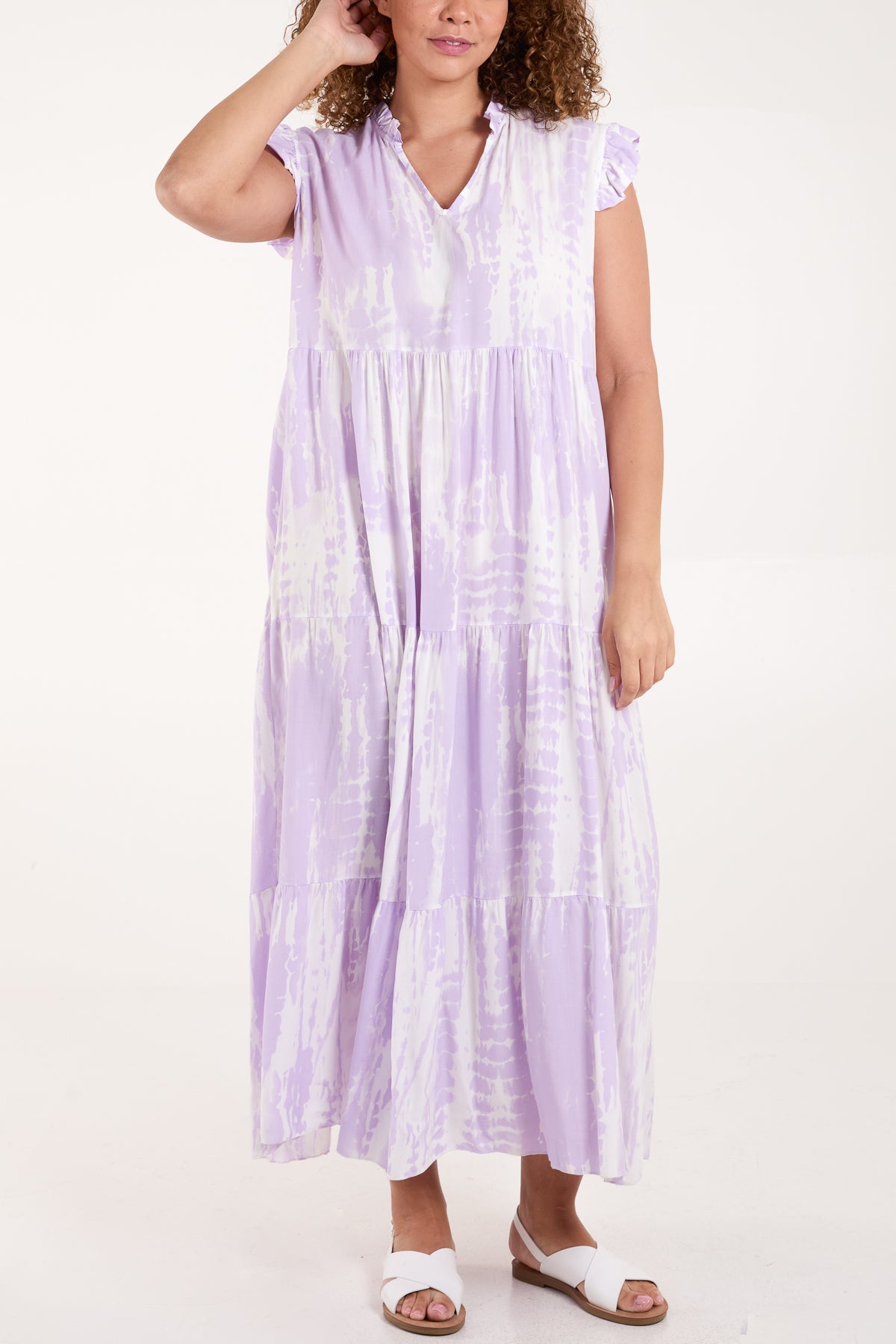 Abstract Frill Sleeve Tiered Dress