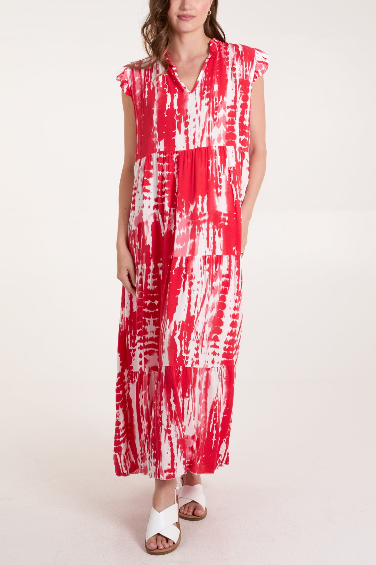 Abstract Frill Sleeve Tiered Dress