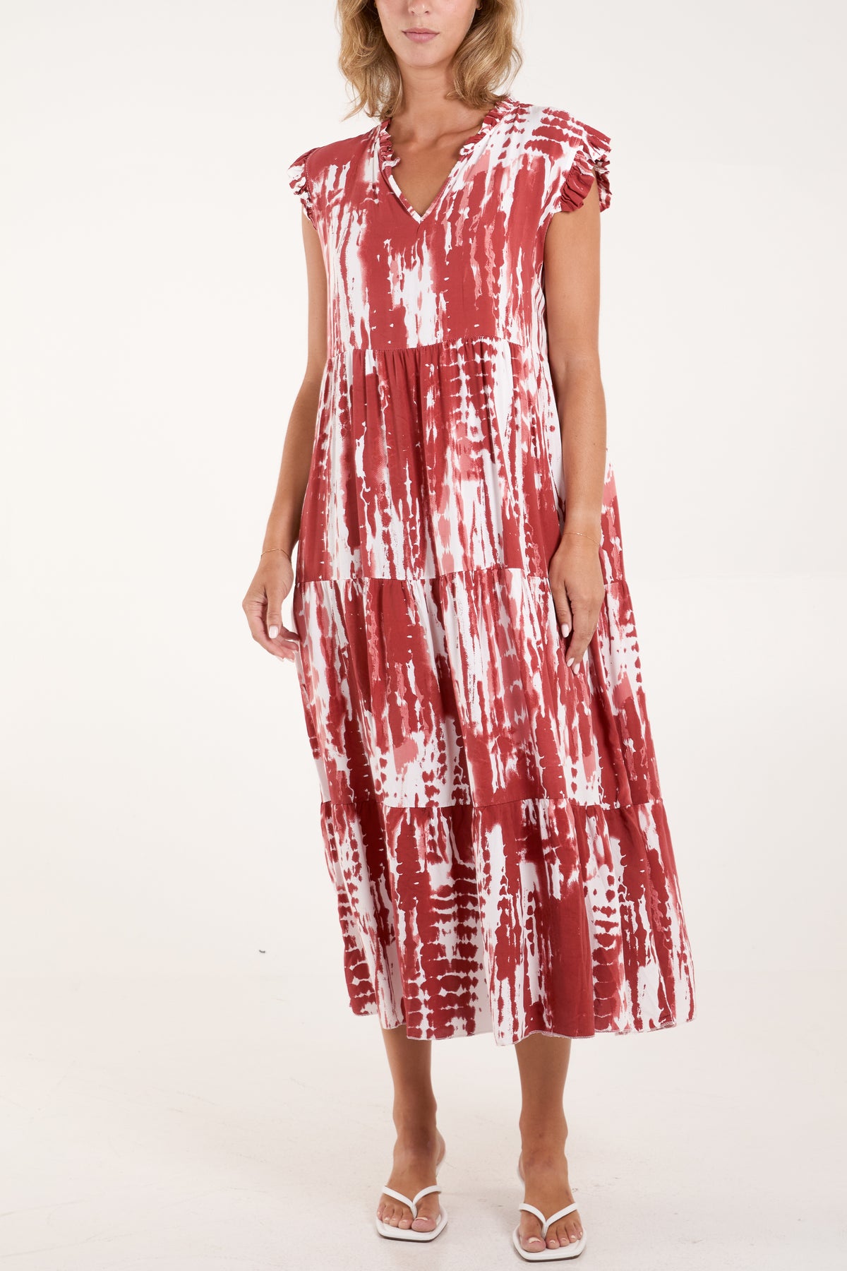 Abstract Frill Sleeve Tiered Dress