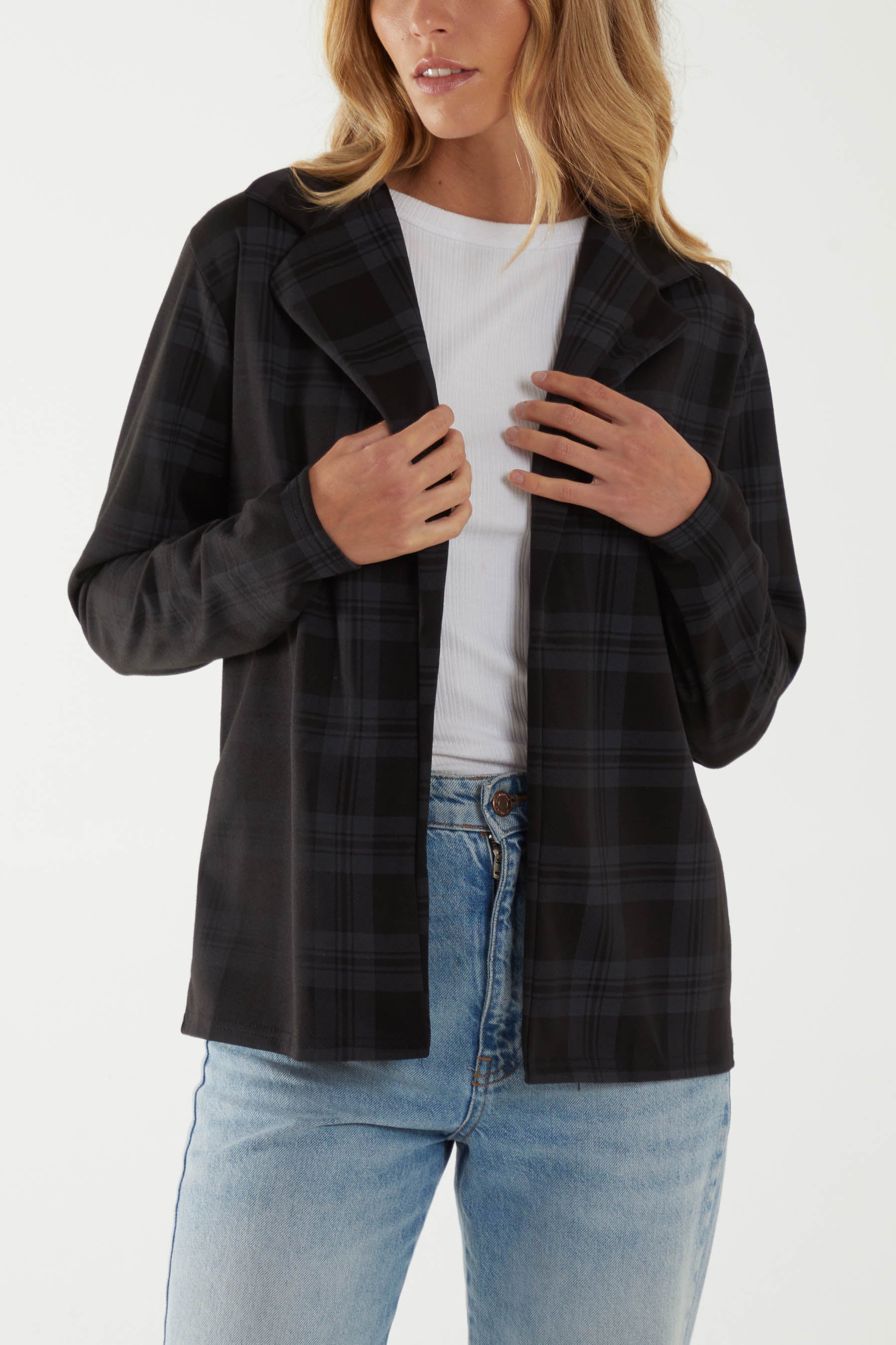 17324 Black Blazer Style Check Cardigan