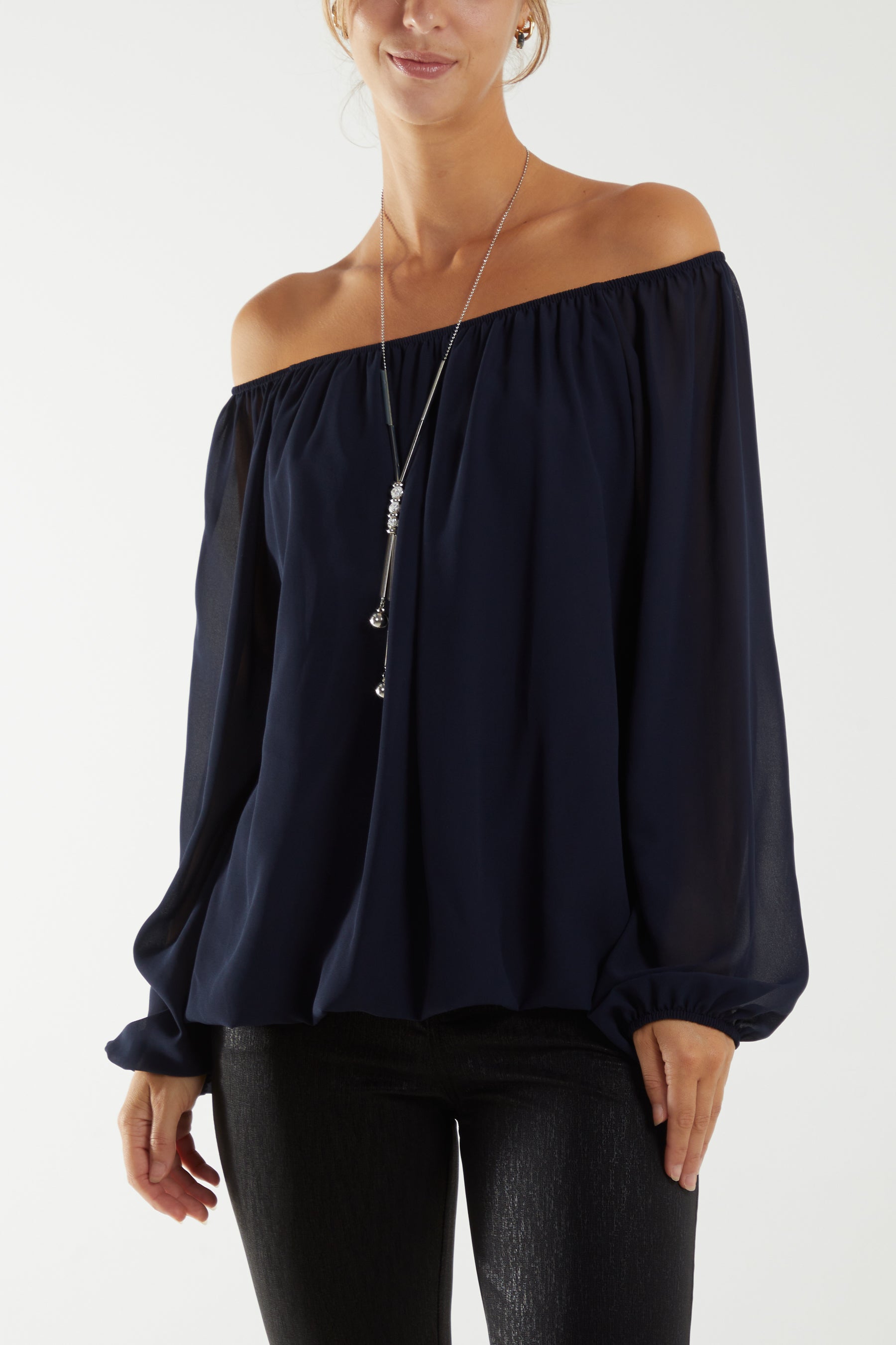 Off The Shoulder Puffball Necklace Top