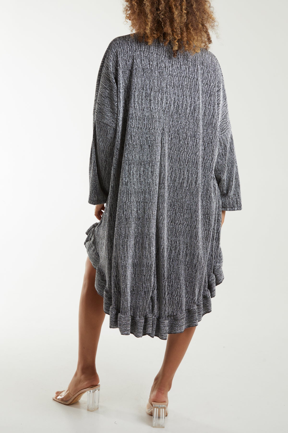 V-Neck Frilled Hem Lurex Glitter Dress