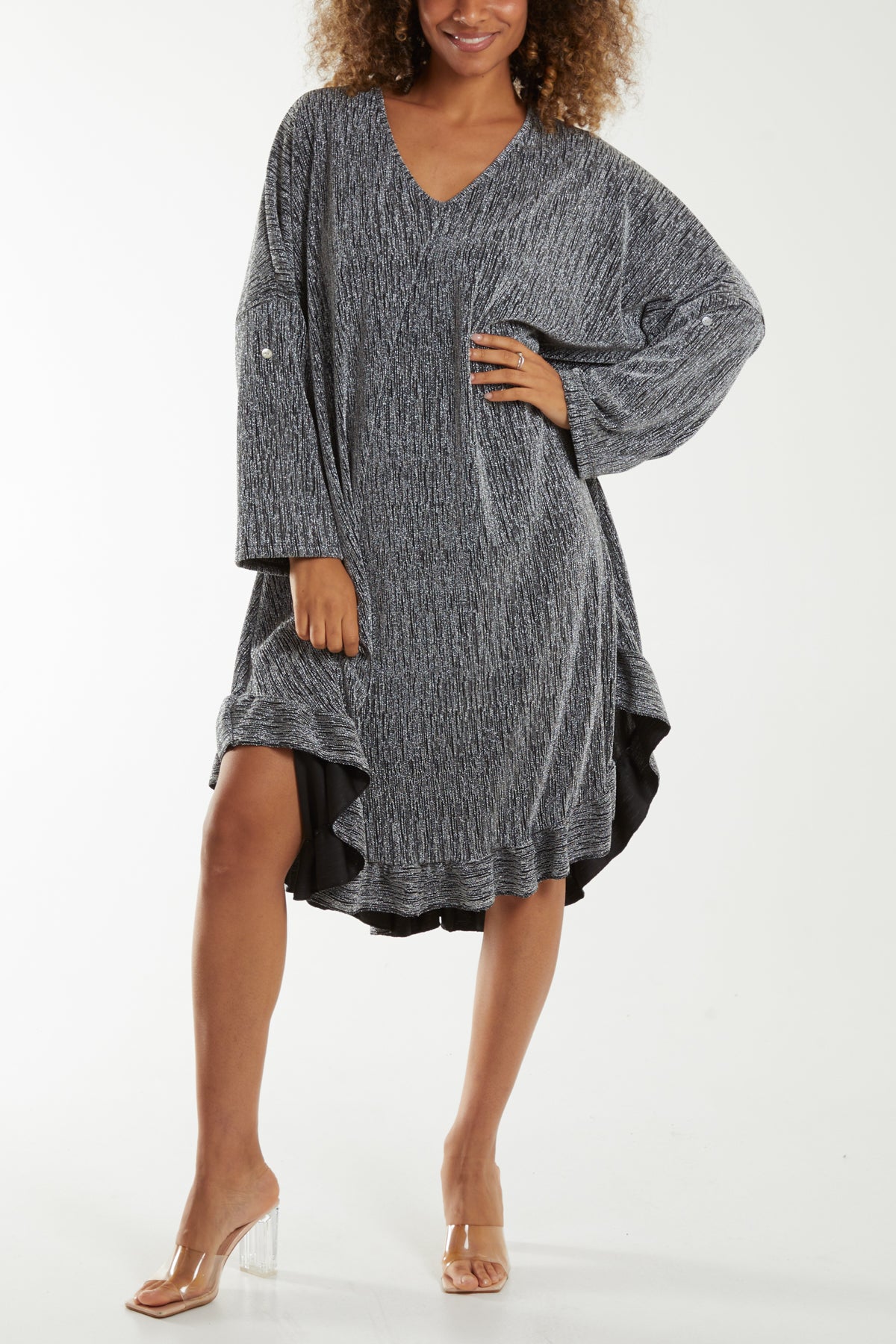 V-Neck Frilled Hem Lurex Glitter Dress