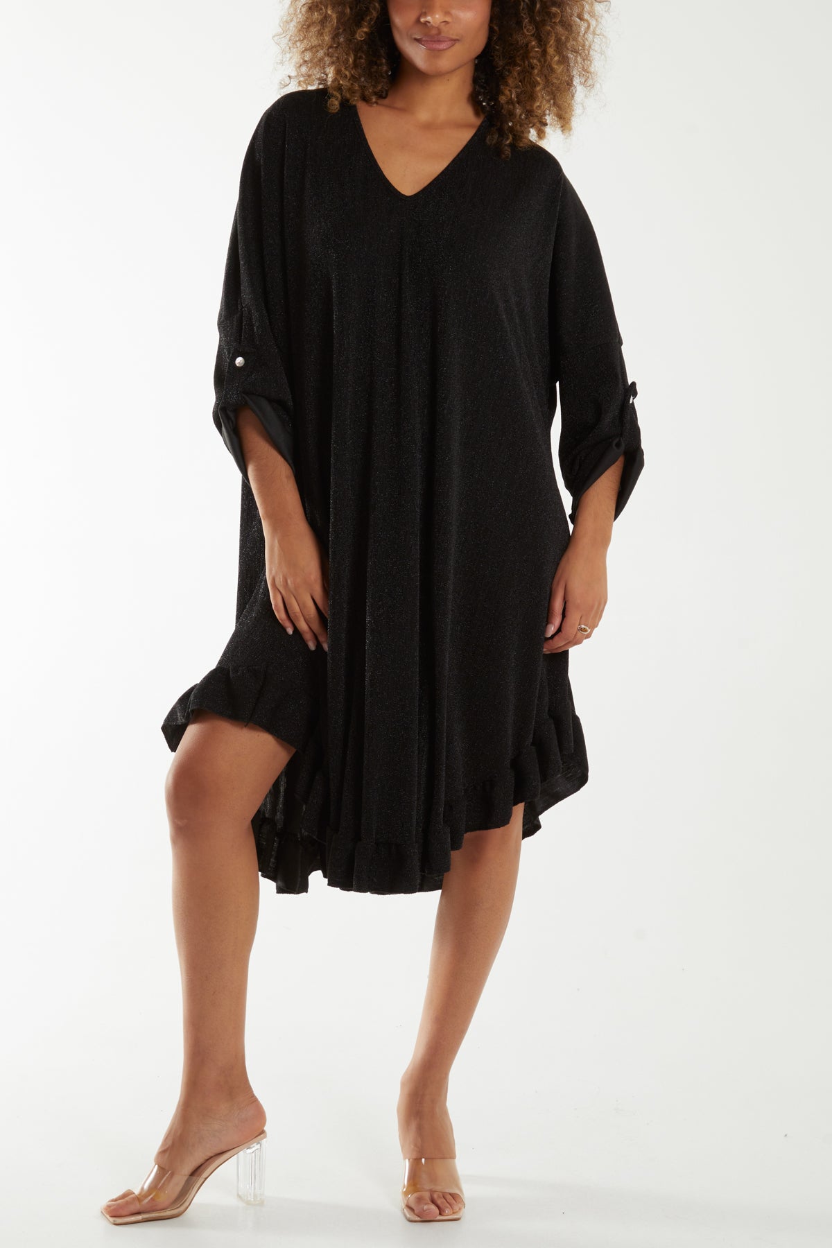 V-Neck Frilled Hem Lurex Glitter Dress