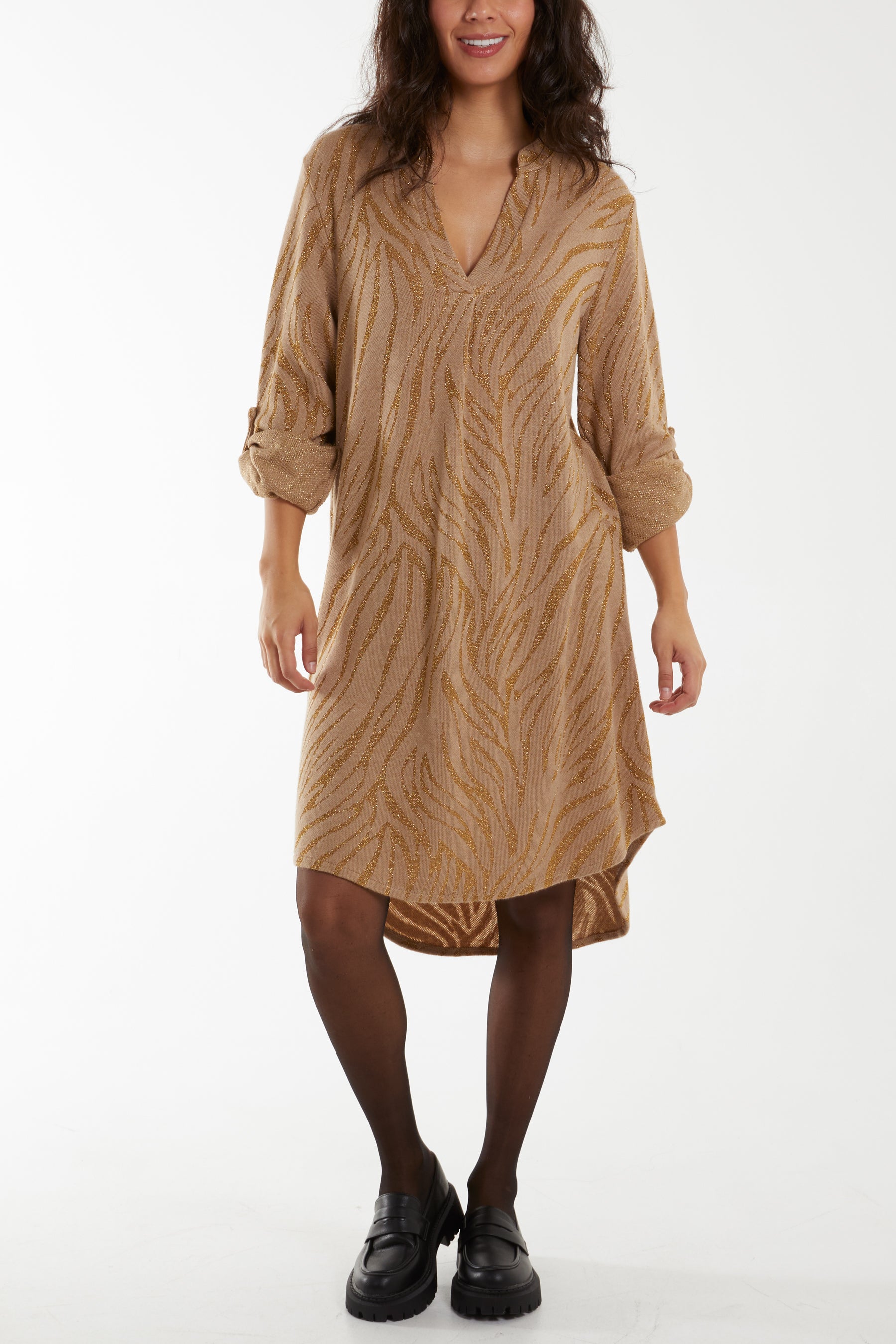 Lurex Zebra Pattern Knitted Shirt Dress