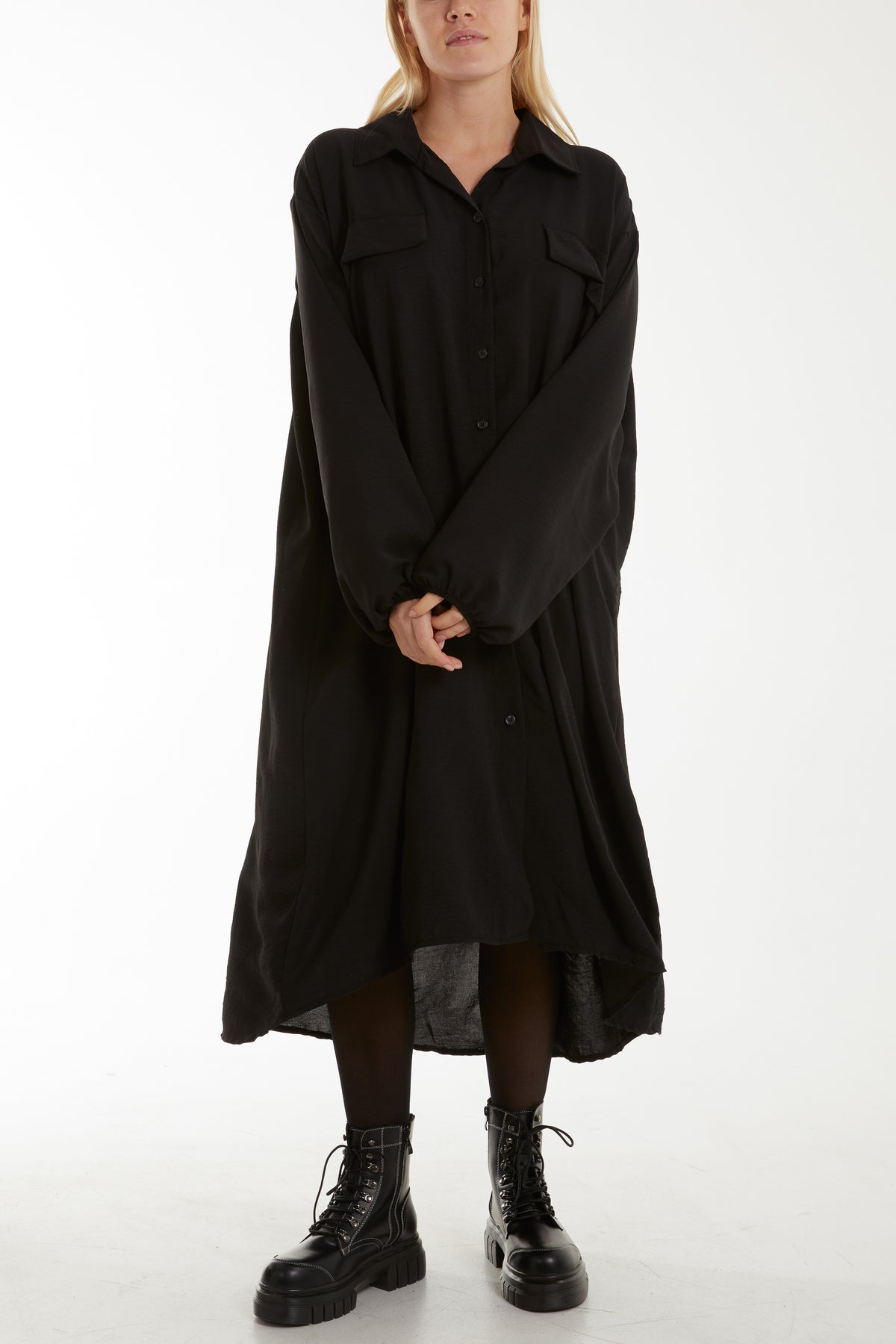 Front Flaps Long Sleeve Shirt Dress