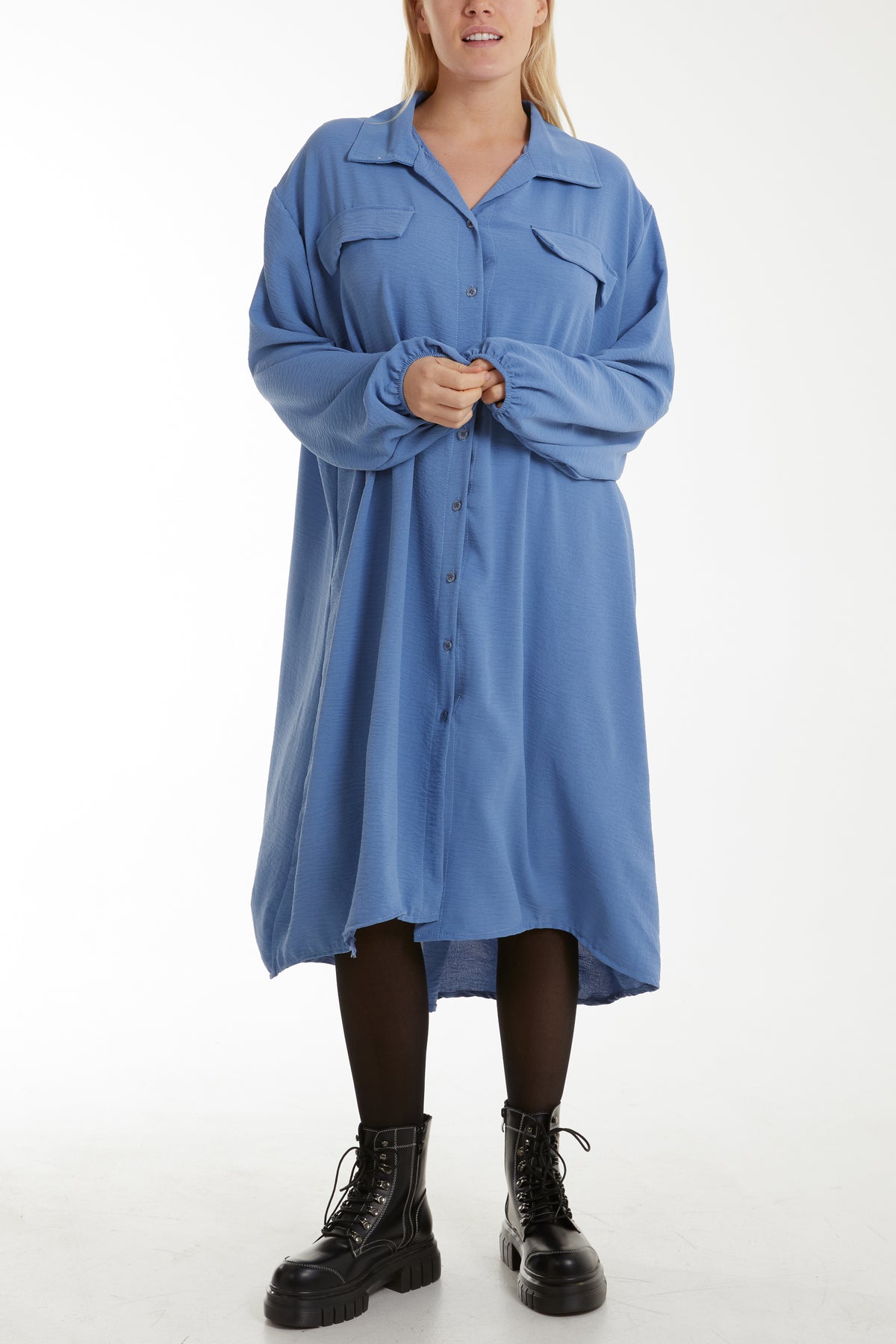 Front Flaps Long Sleeve Shirt Dress