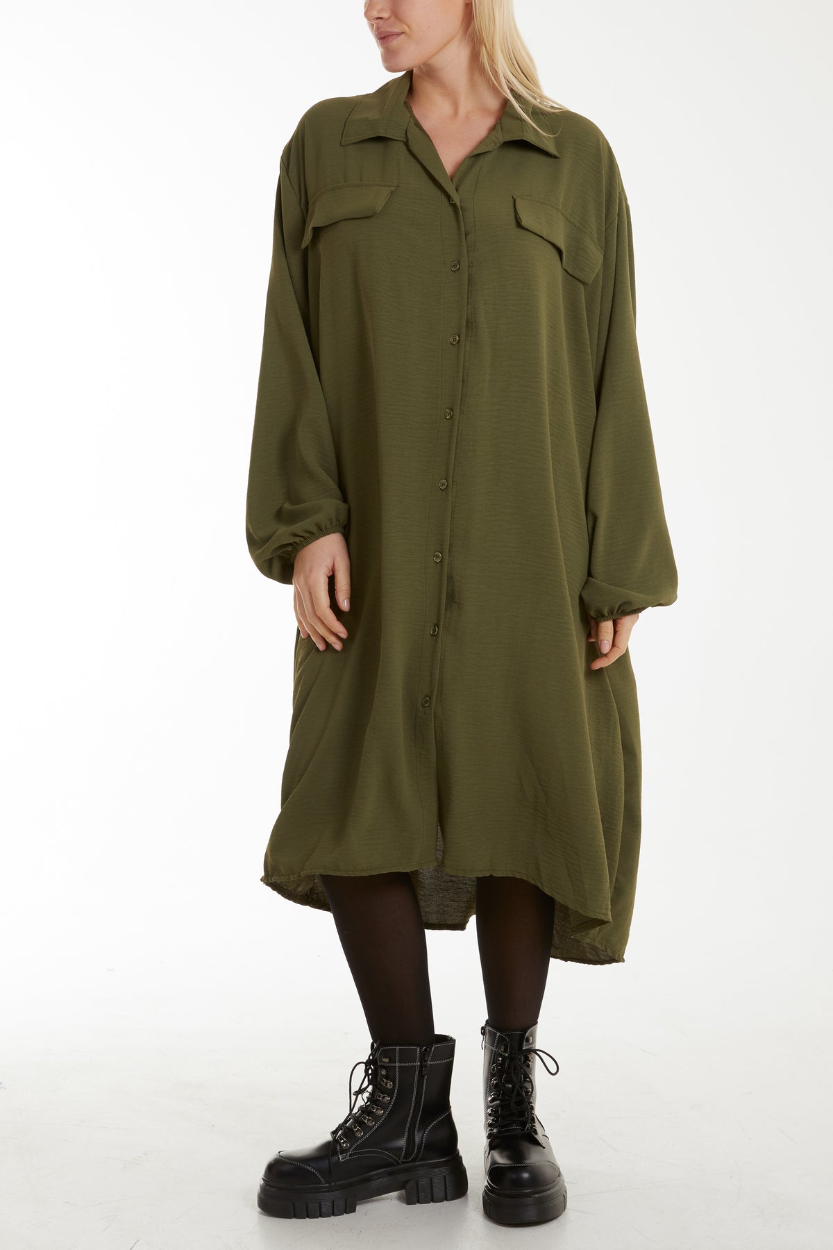 Front Flaps Long Sleeve Shirt Dress