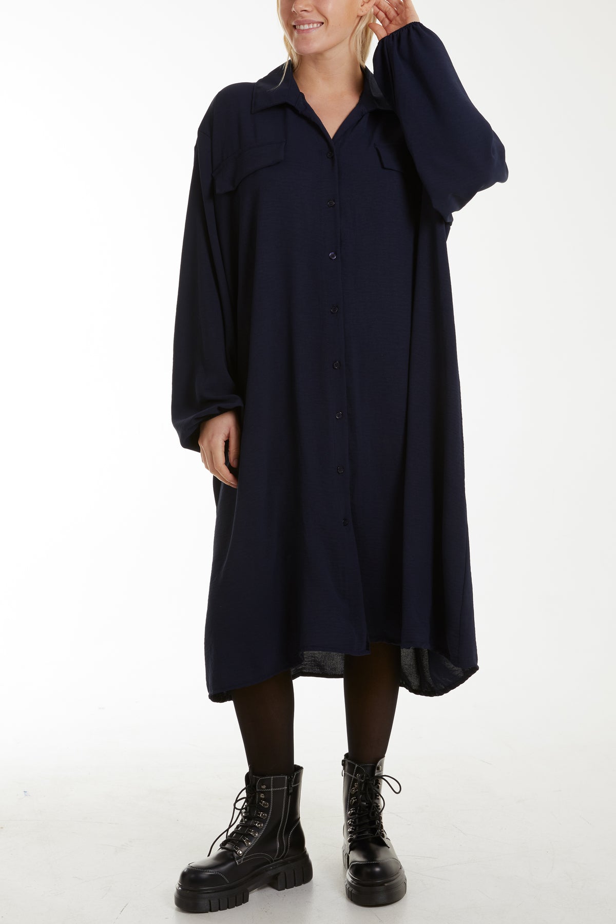 Front Flaps Long Sleeve Shirt Dress