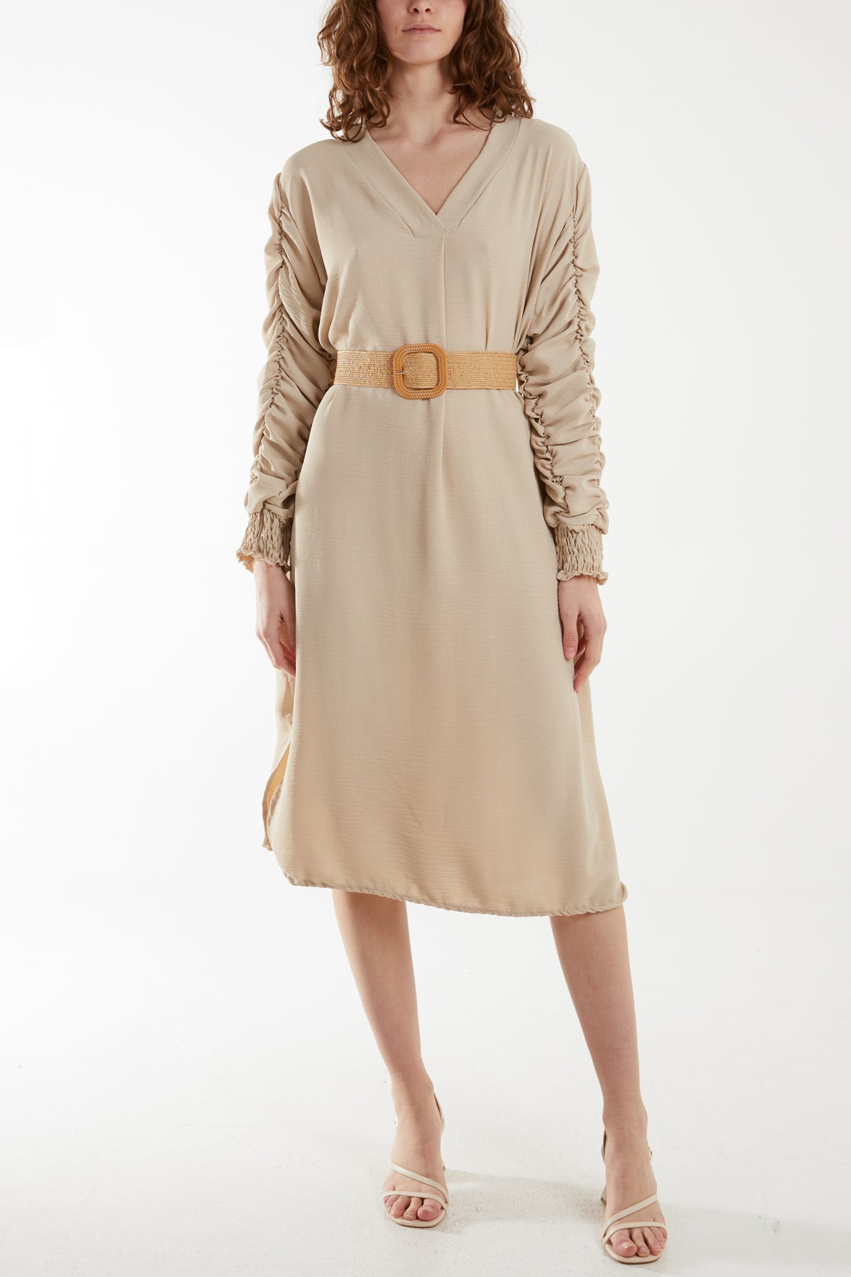 Ruffle Sleeve Pelted Midi Dress