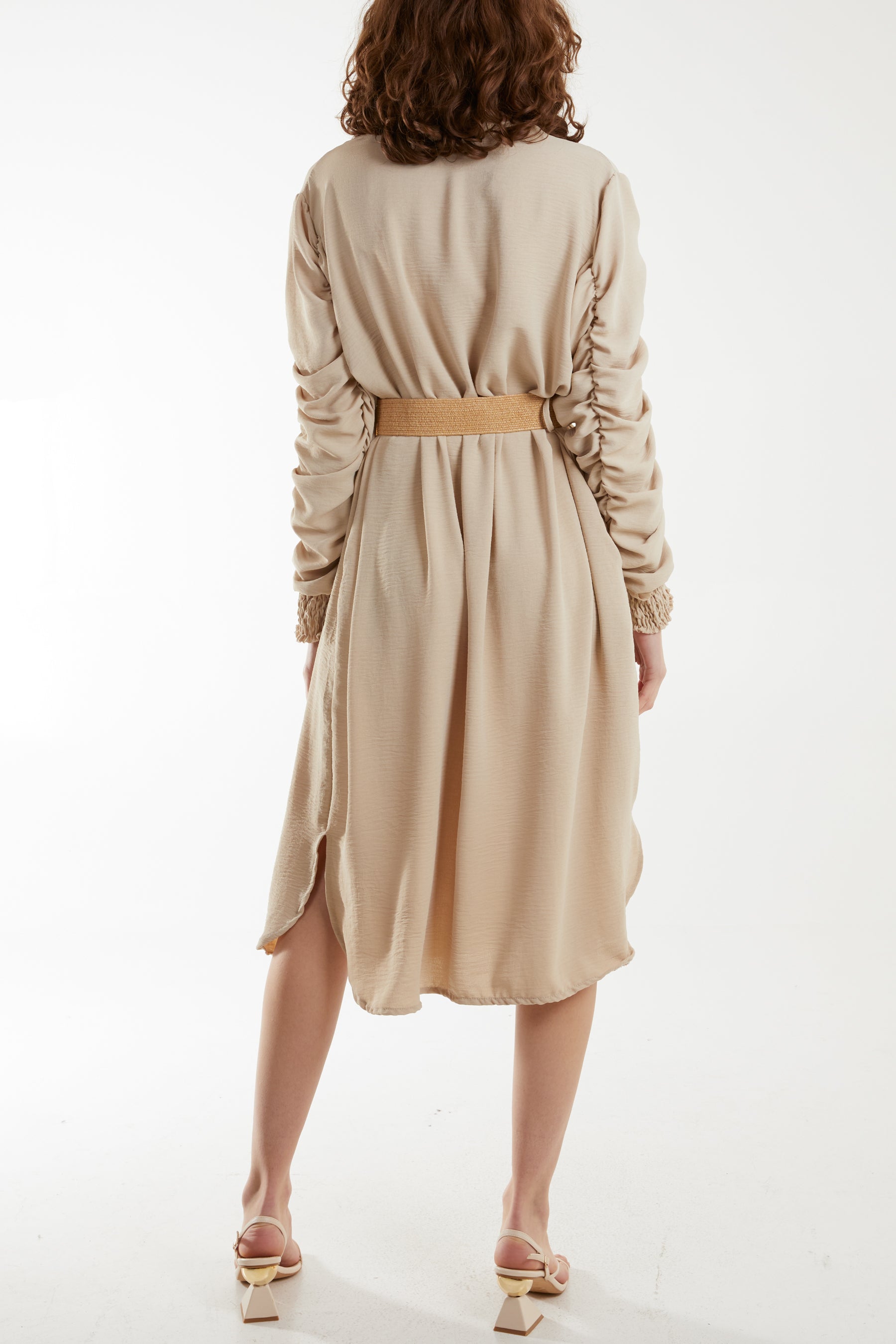 Ruffle Sleeve Pelted Midi Dress