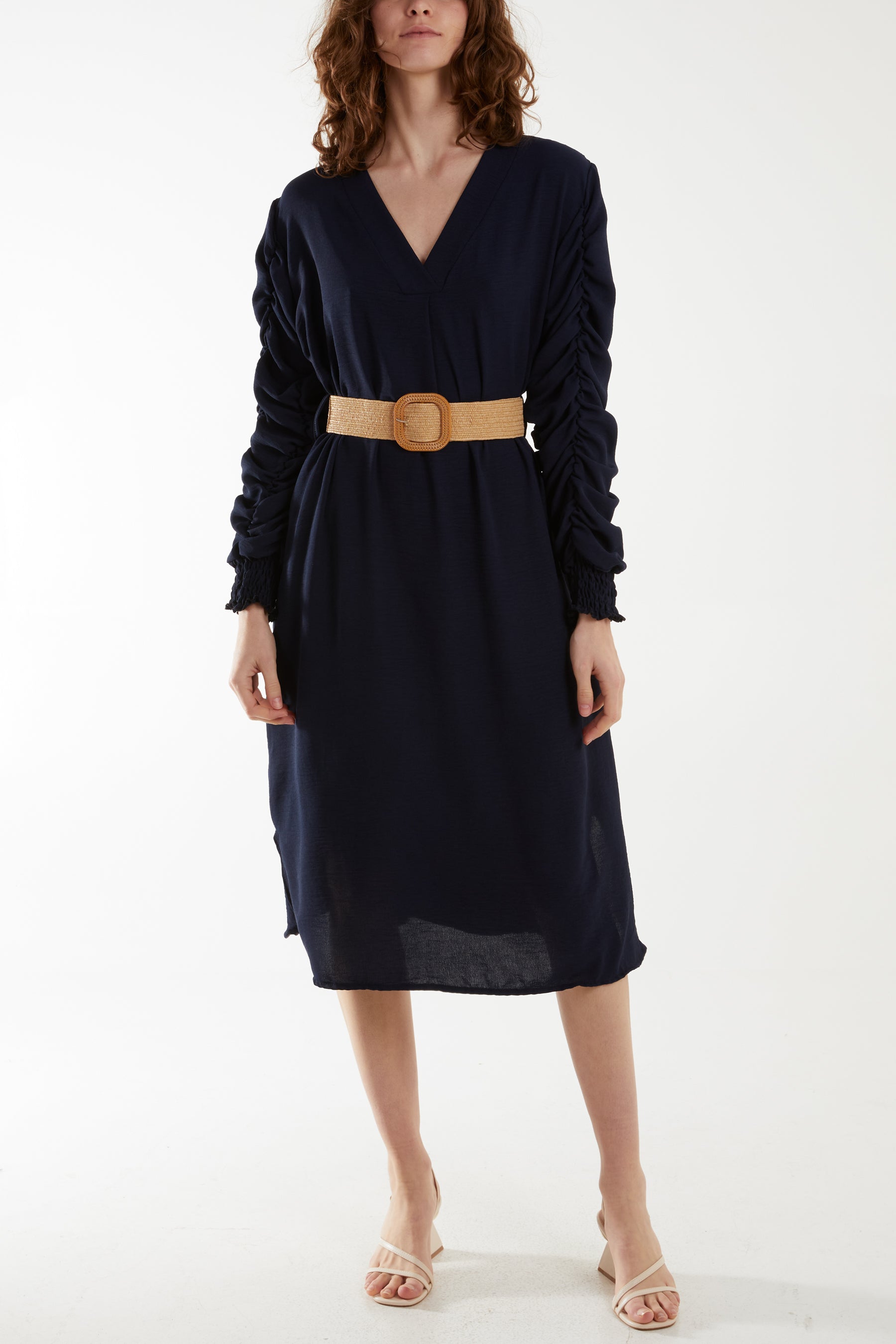 Ruffle Sleeve Pelted Midi Dress