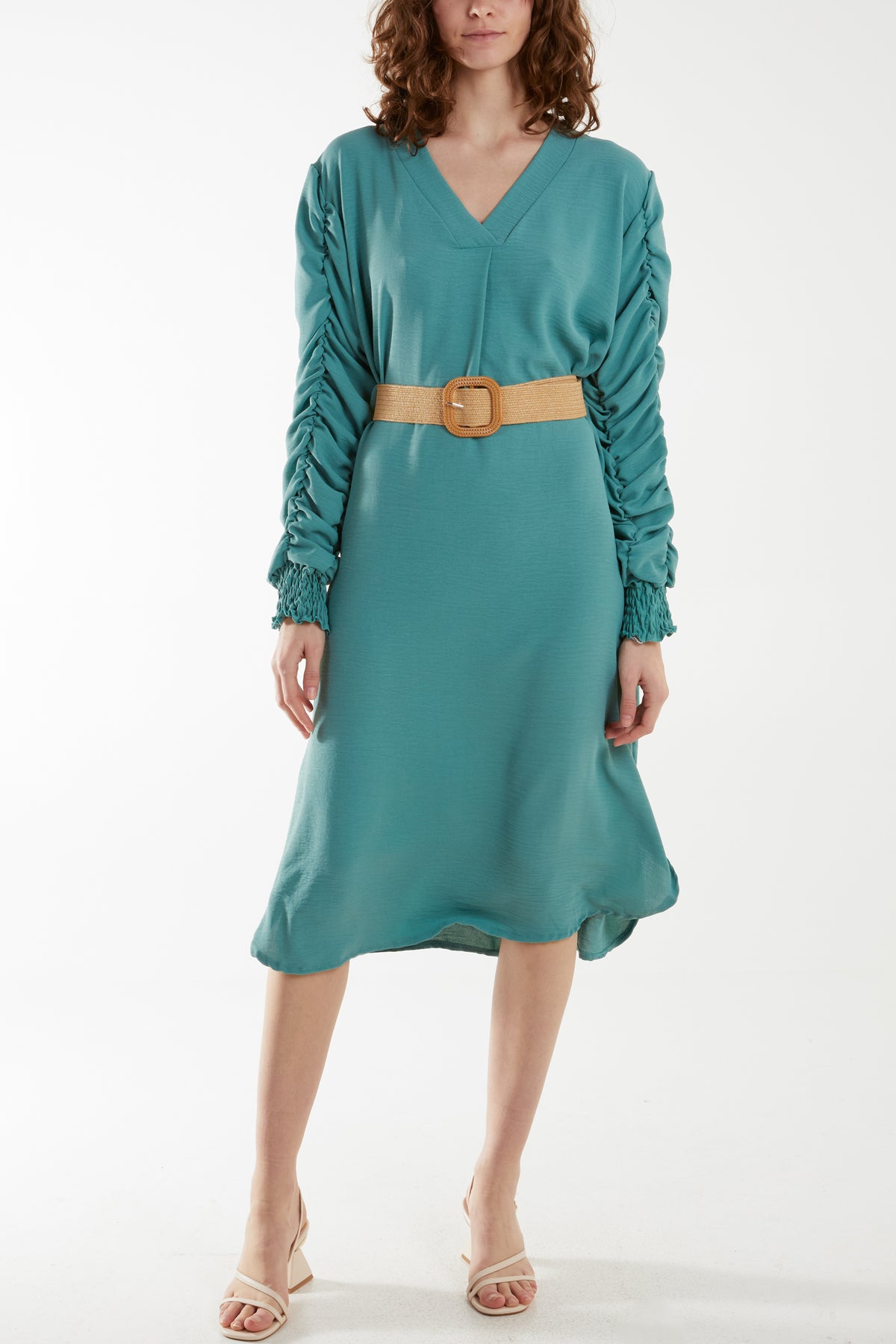 Ruffle Sleeve Pelted Midi Dress