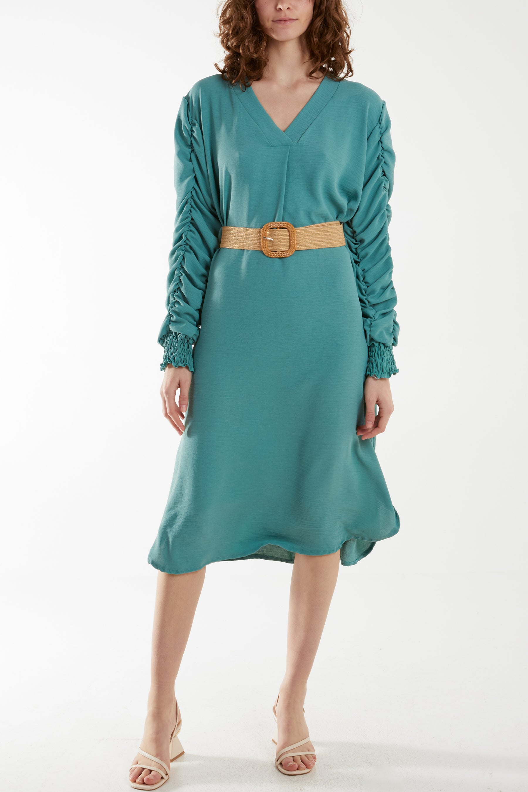 Ruffle Sleeve Pelted Midi Dress