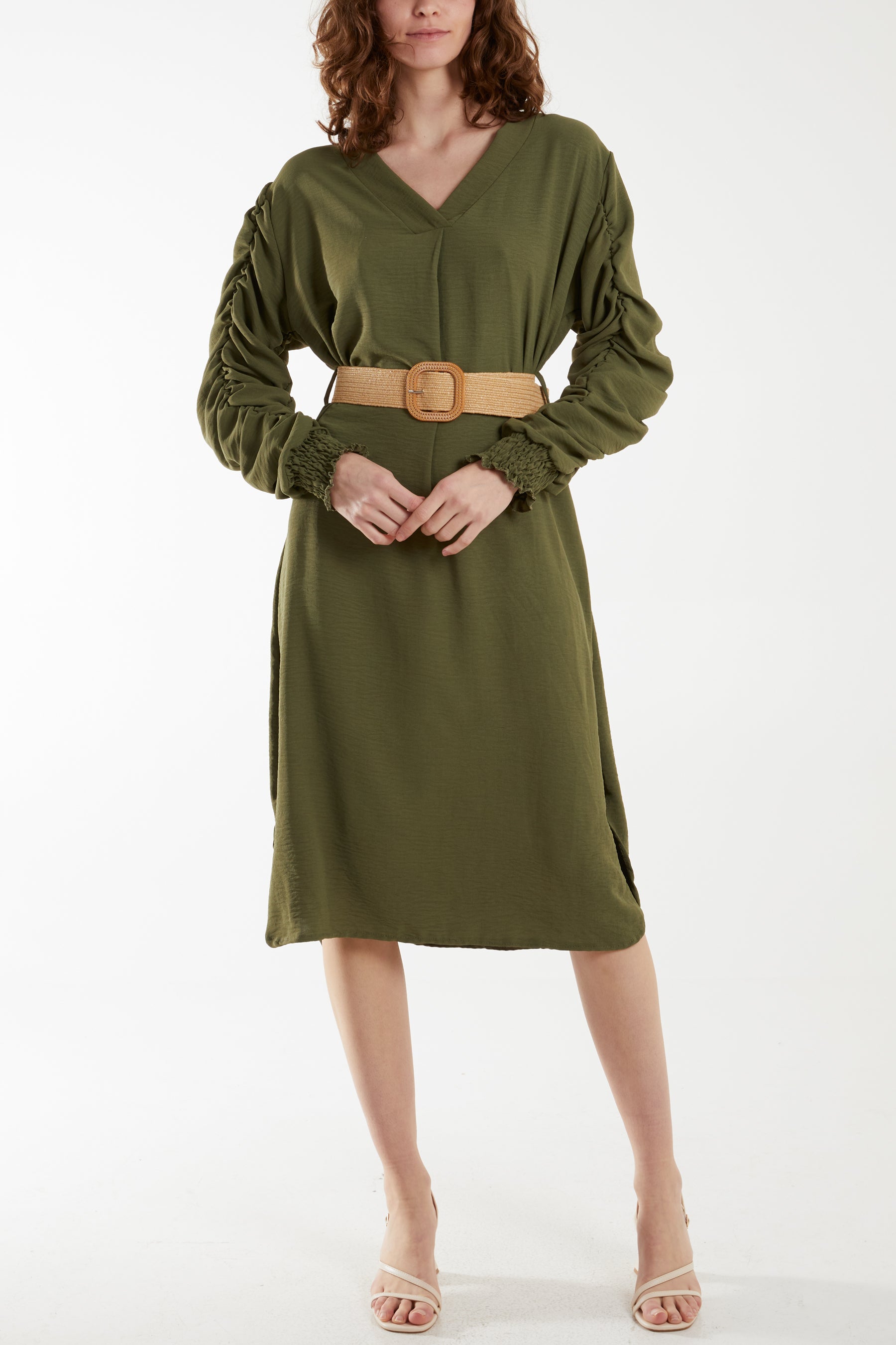 Ruffle Sleeve Pelted Midi Dress