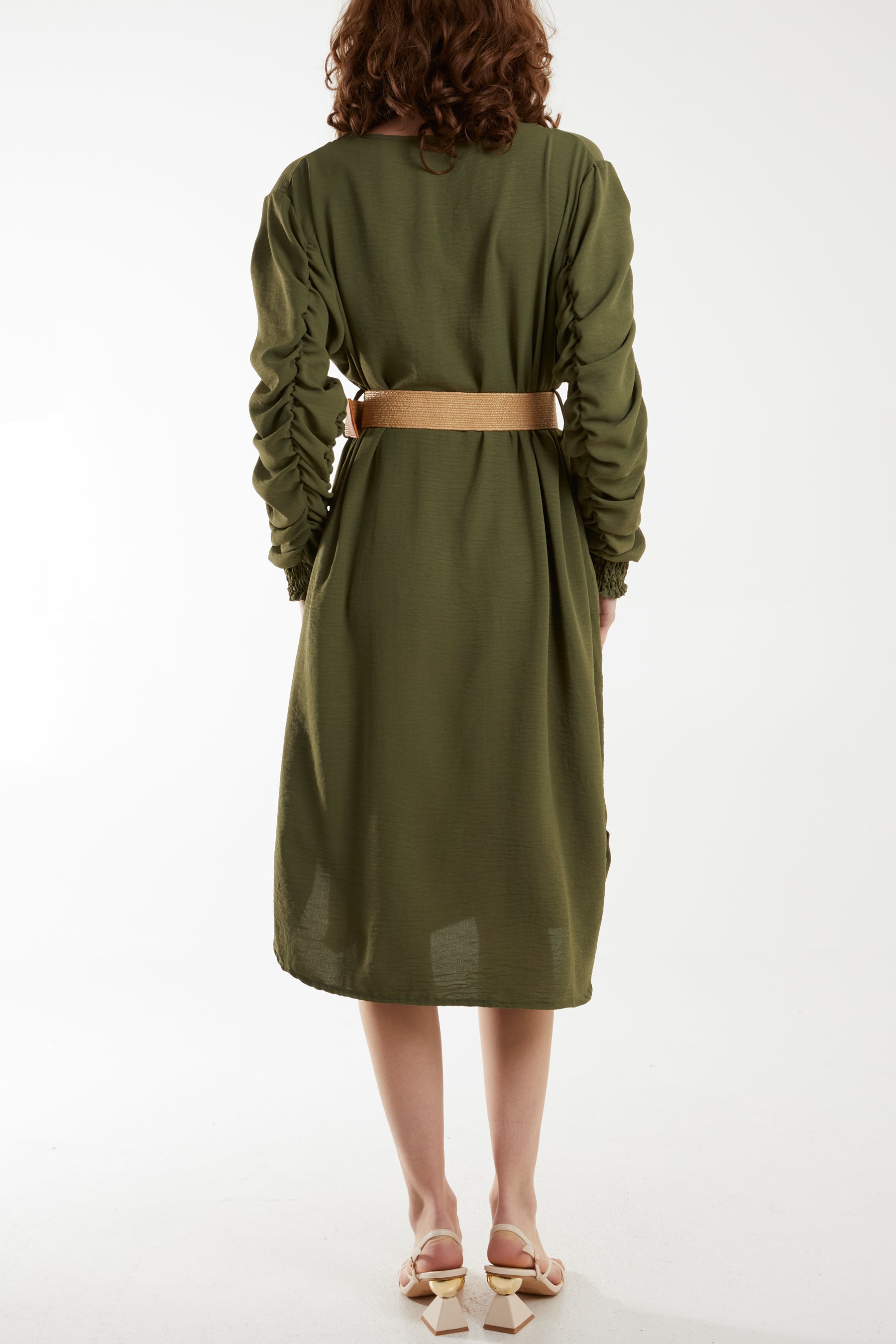 Ruffle Sleeve Pelted Midi Dress