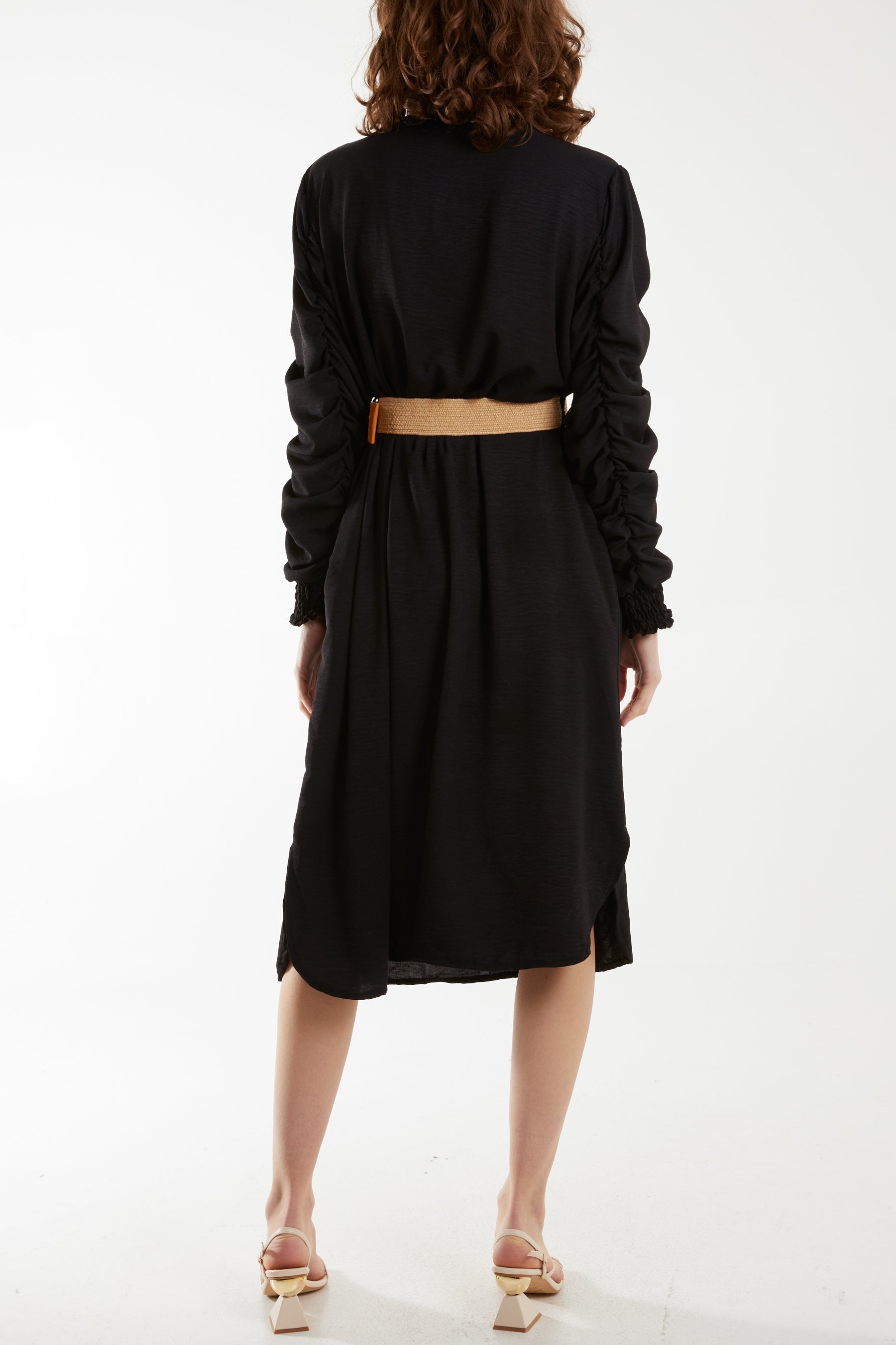 Ruffle Sleeve Pelted Midi Dress