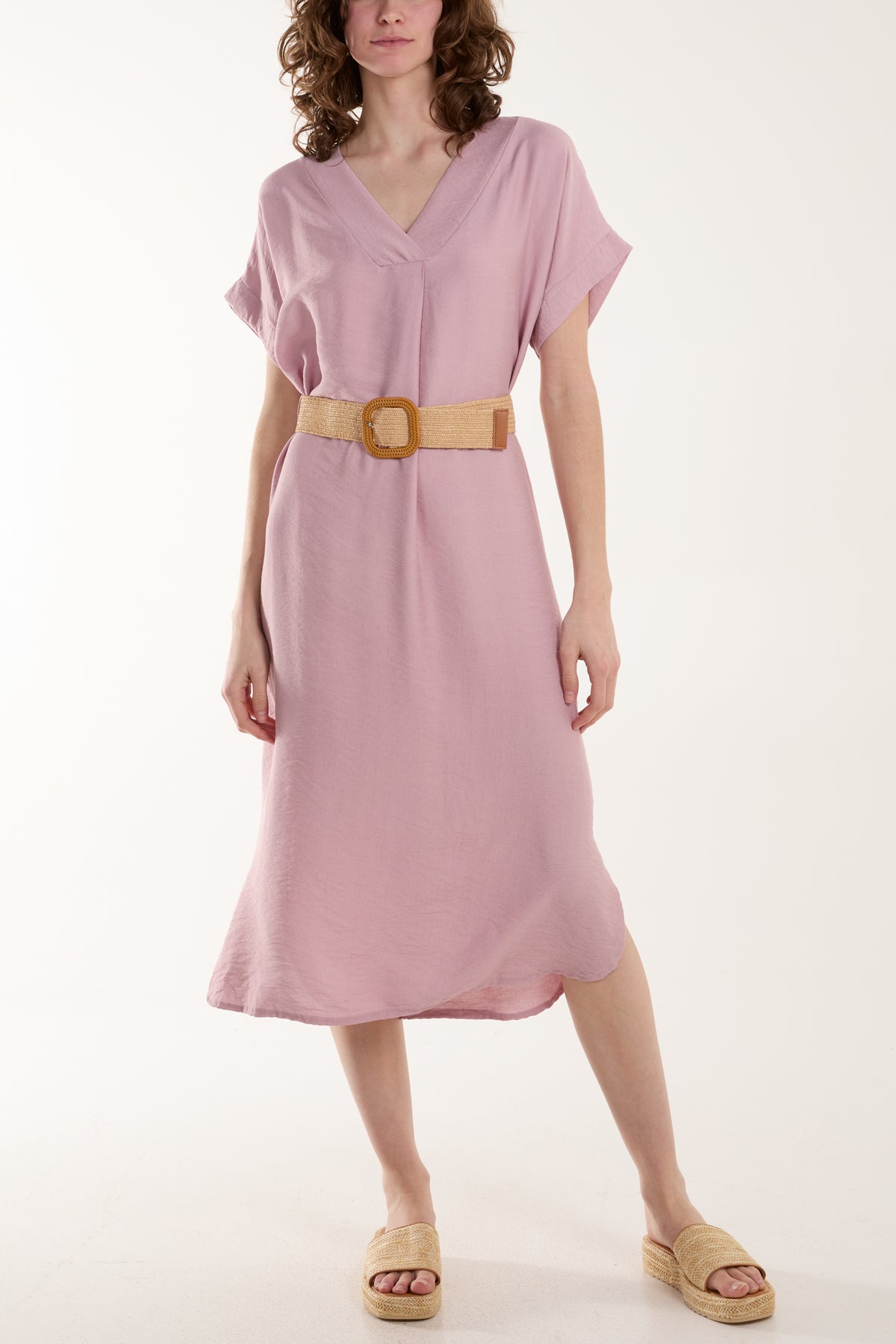 Bellted V-Neck Short Sleeve Midi Dress