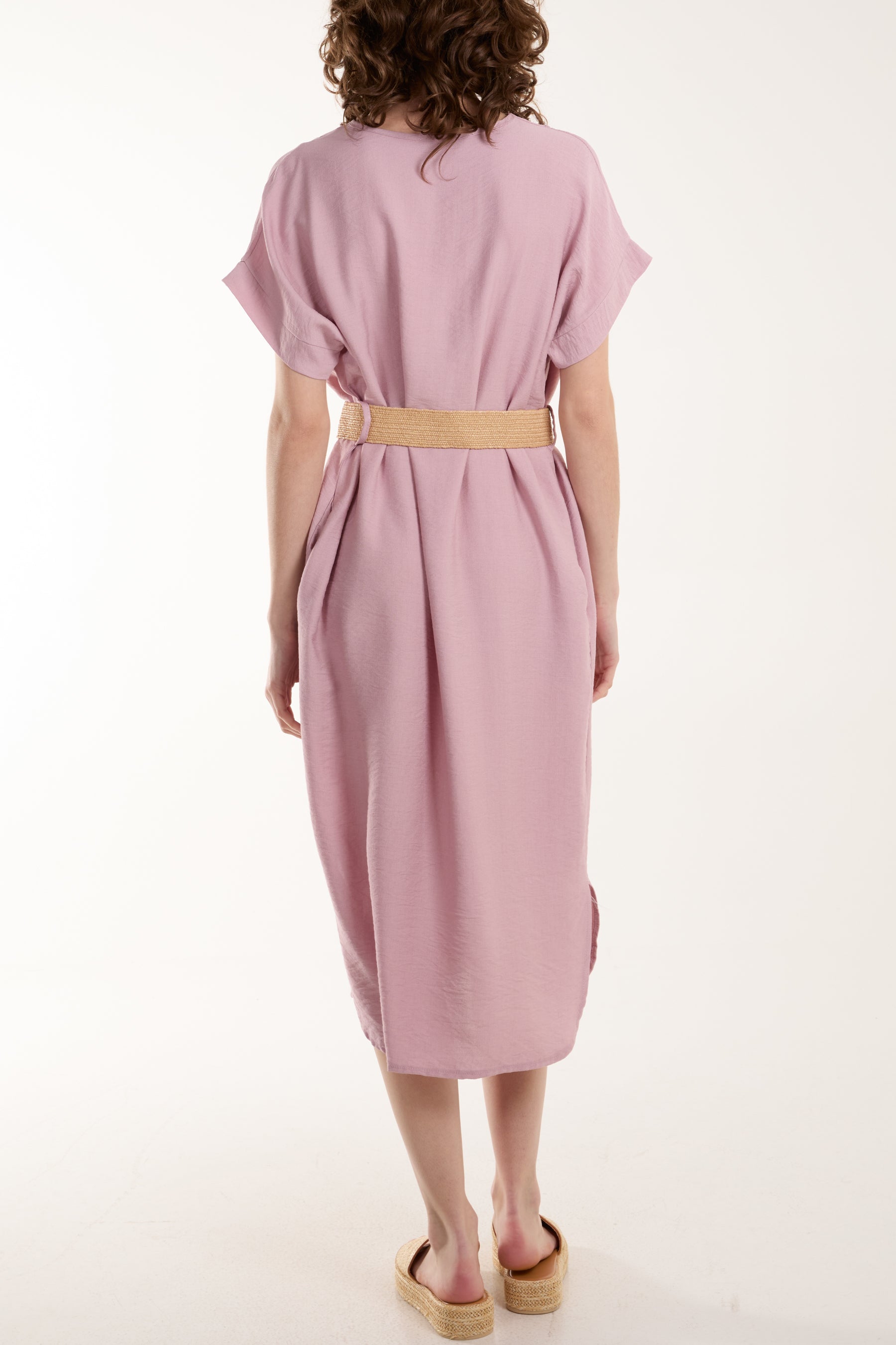 Bellted V-Neck Short Sleeve Midi Dress