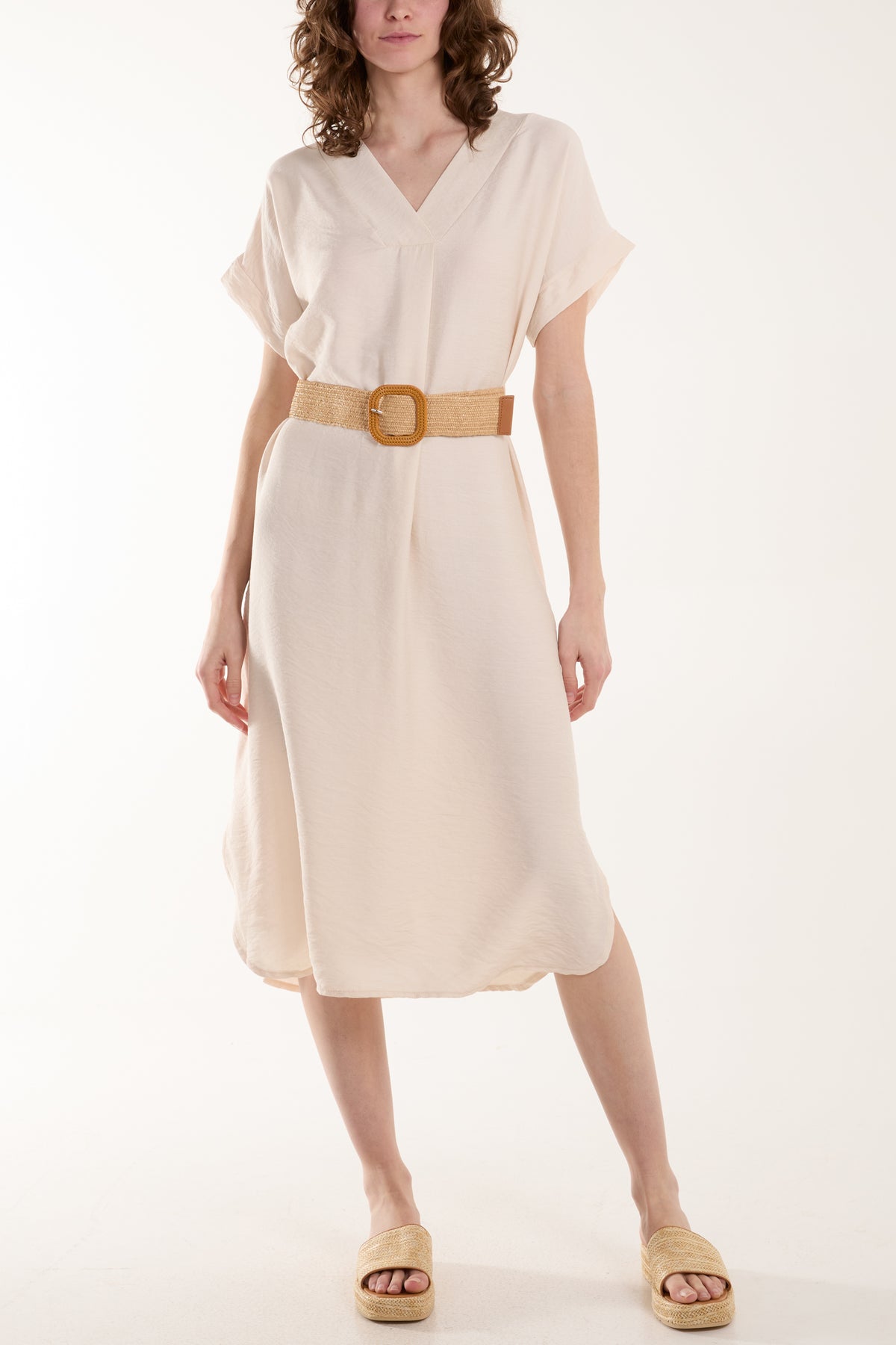 Bellted V-Neck Short Sleeve Midi Dress