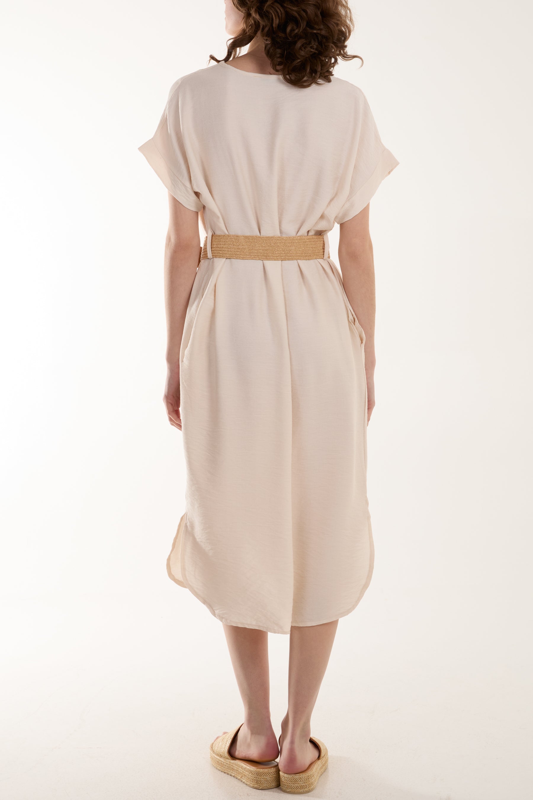Bellted V-Neck Short Sleeve Midi Dress