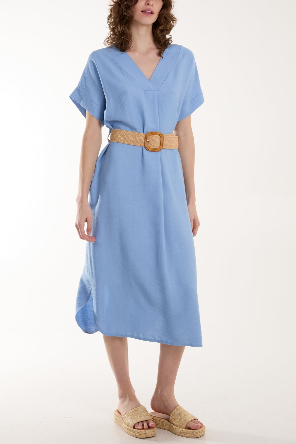 Bellted V-Neck Short Sleeve Midi Dress