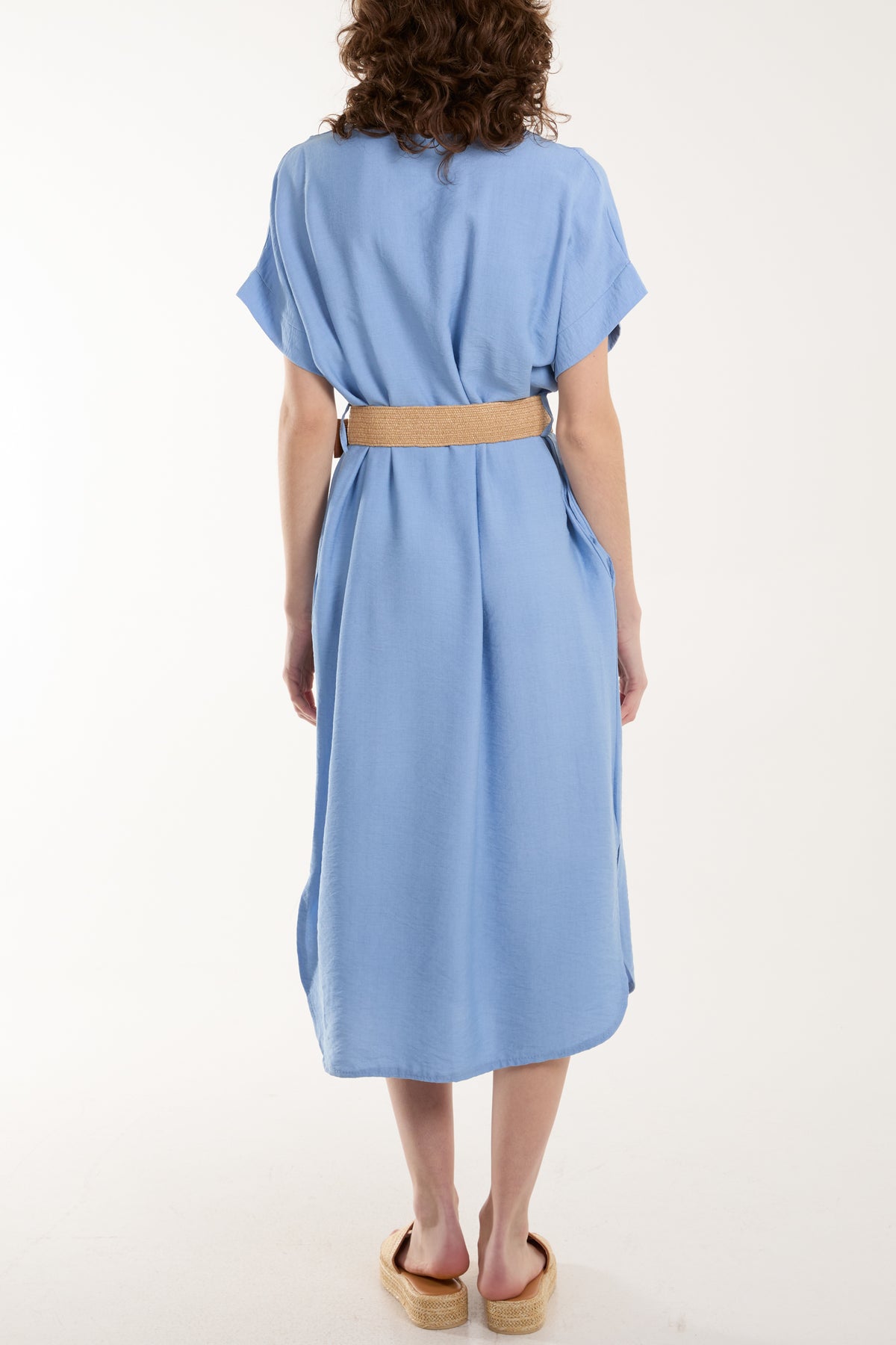 Bellted V-Neck Short Sleeve Midi Dress