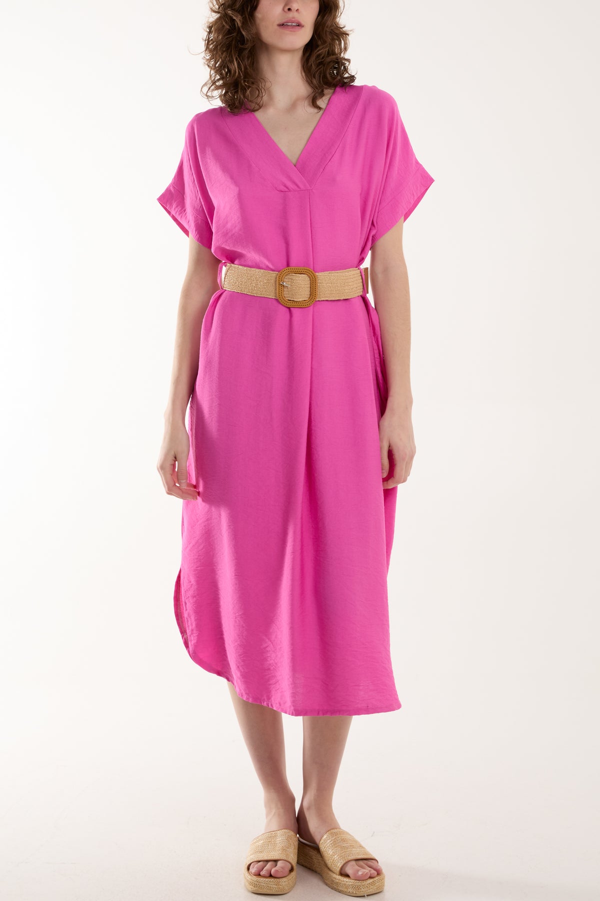 Bellted V-Neck Short Sleeve Midi Dress