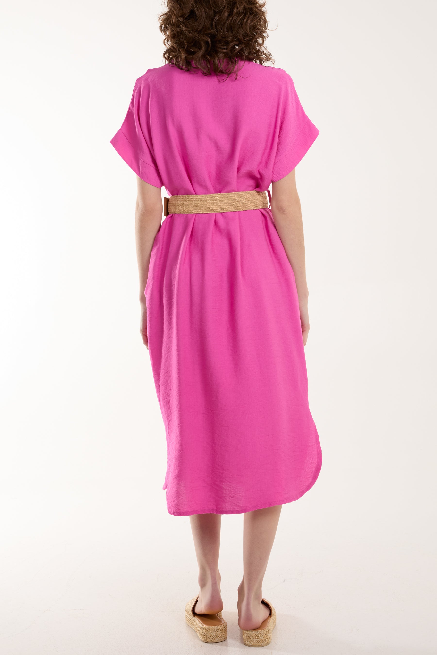 Bellted V-Neck Short Sleeve Midi Dress