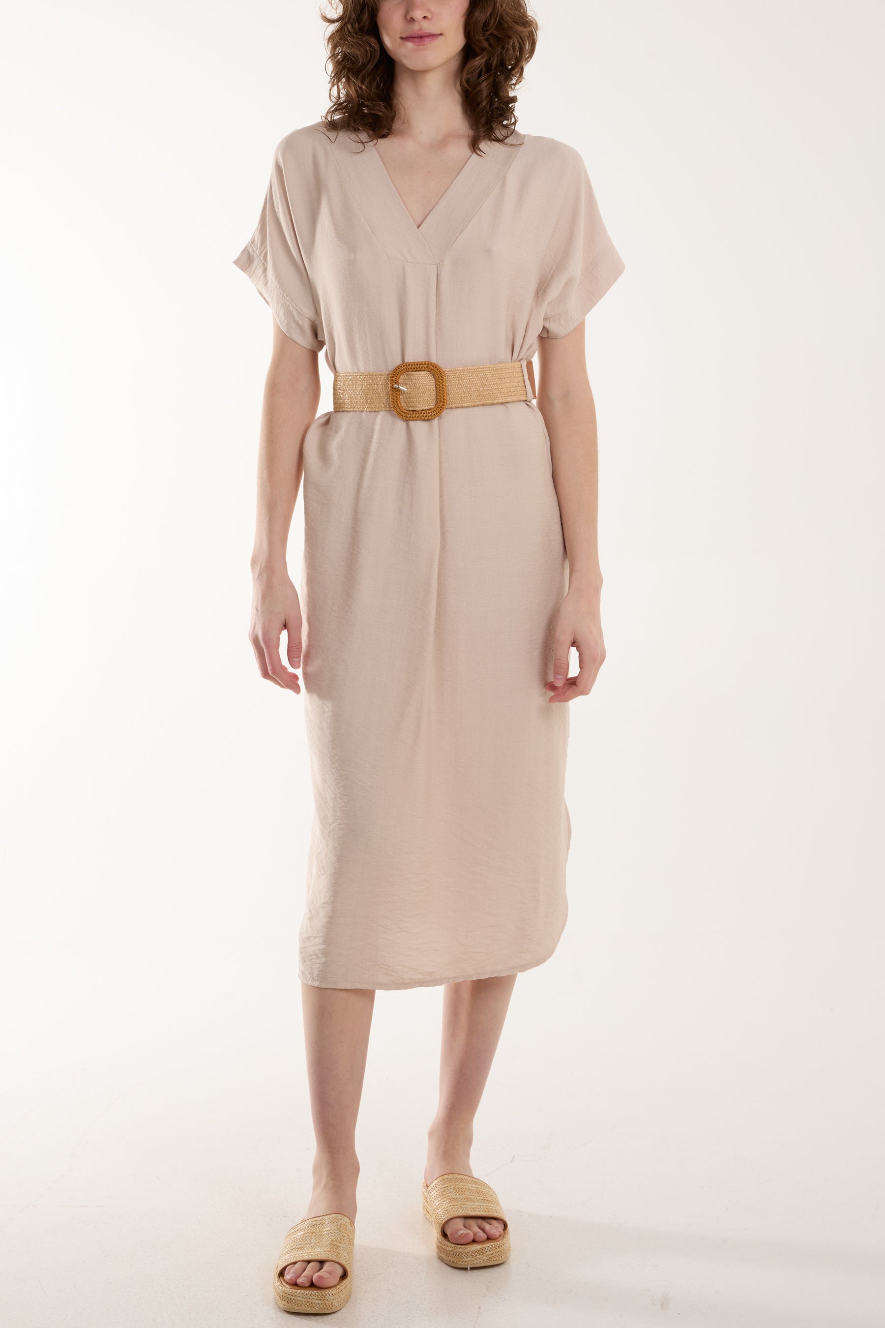 Bellted V-Neck Short Sleeve Midi Dress