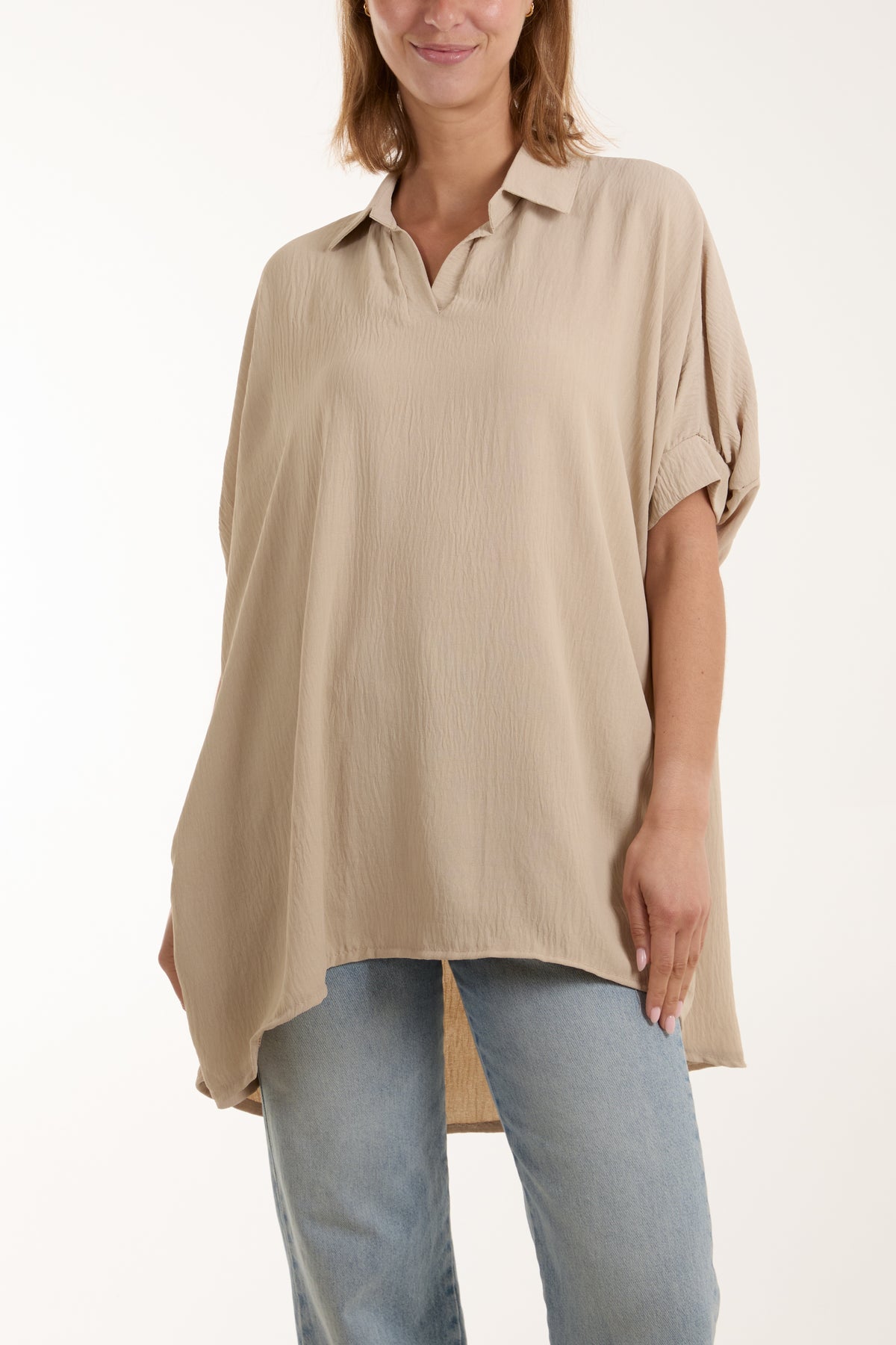 Open Collar Short Sleeve Blouse