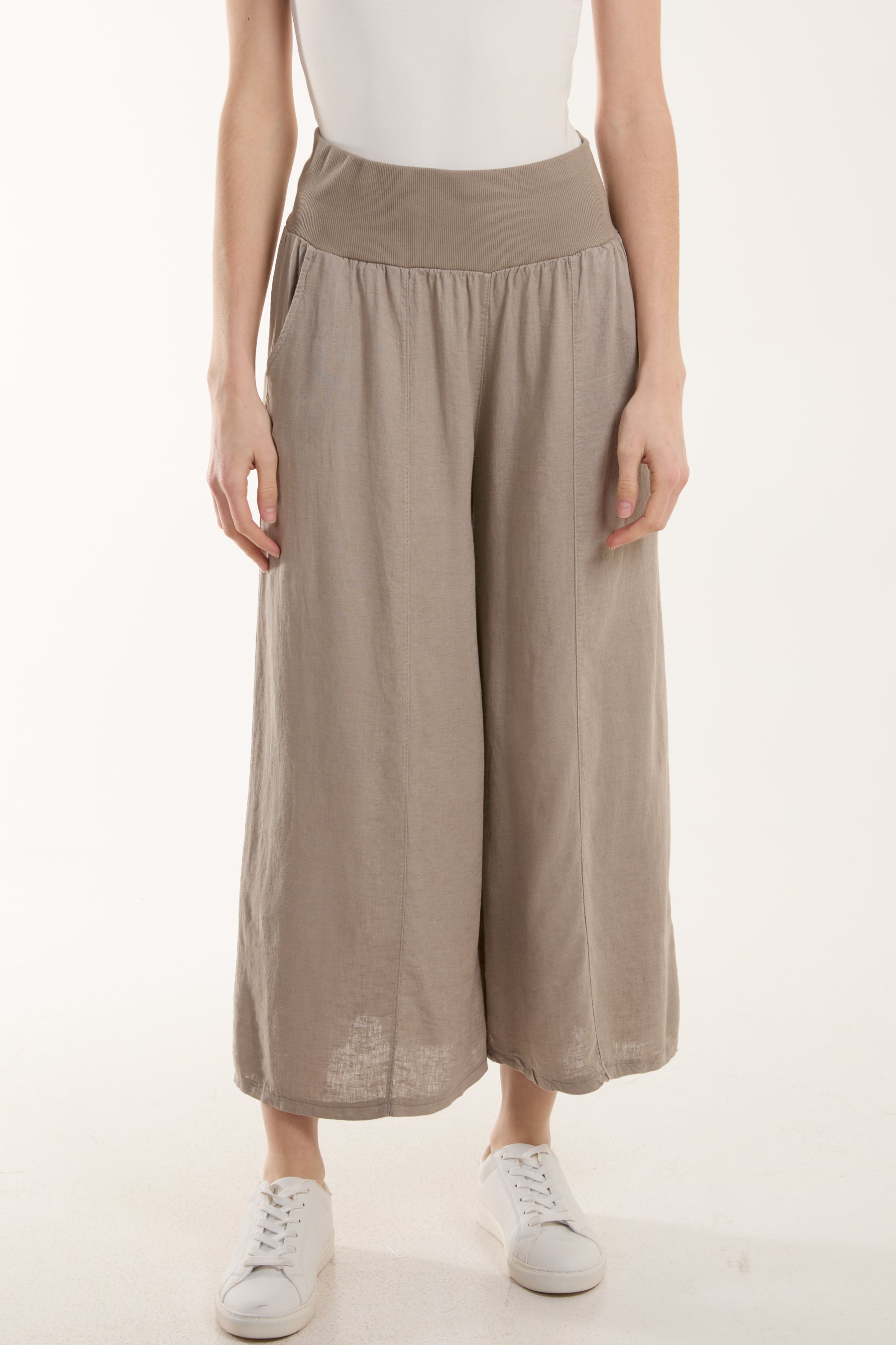 Linen Blend Wide Leg Waistband Trousers