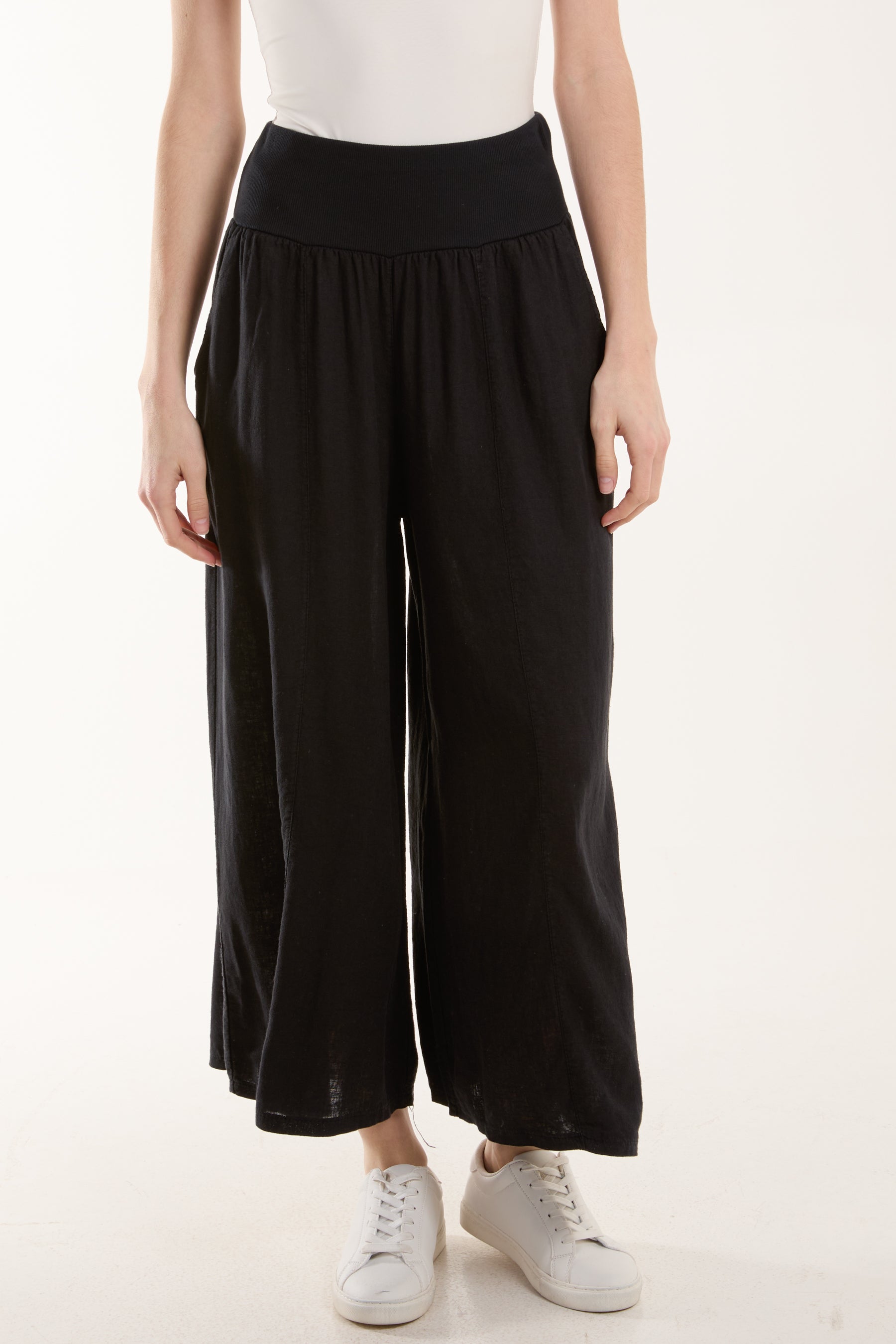 Linen Blend Wide Leg Waistband Trousers