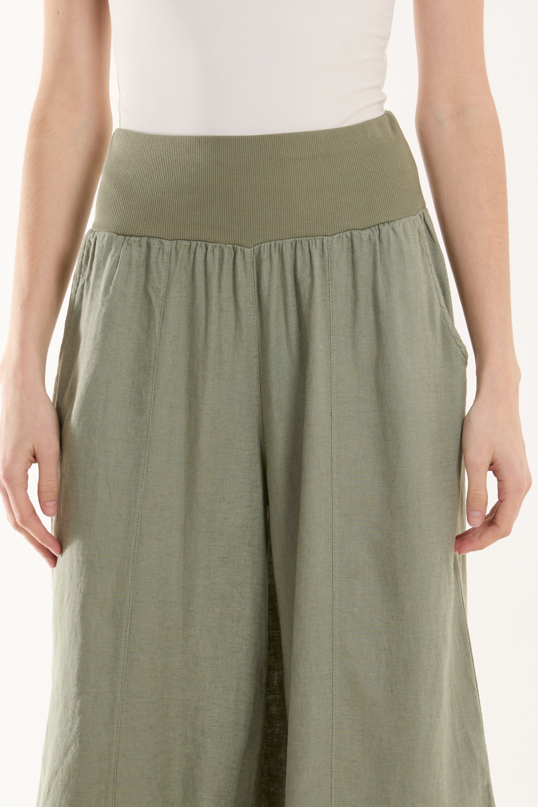 Linen Blend Wide Leg Waistband Trousers