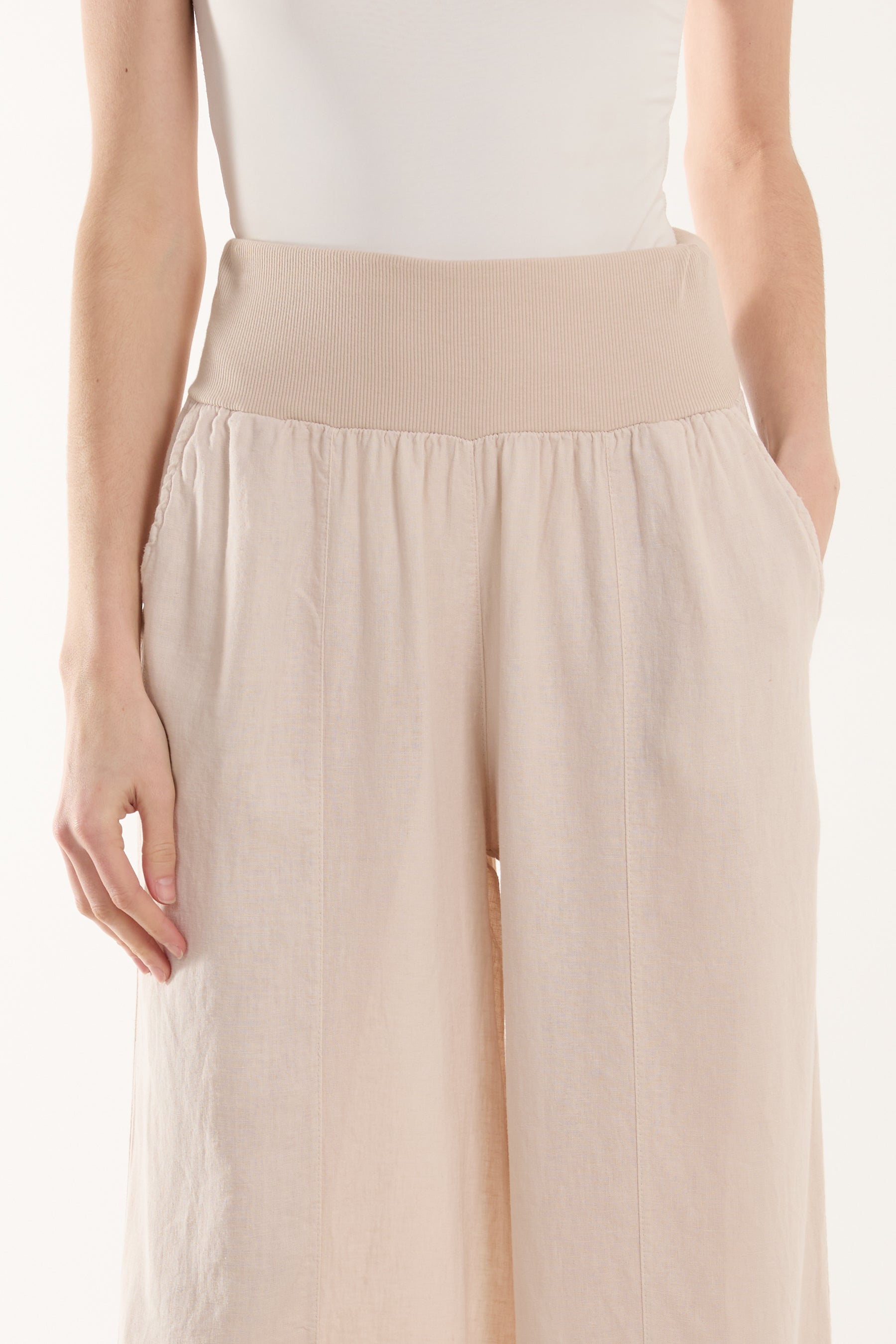 Linen Blend Wide Leg Waistband Trousers