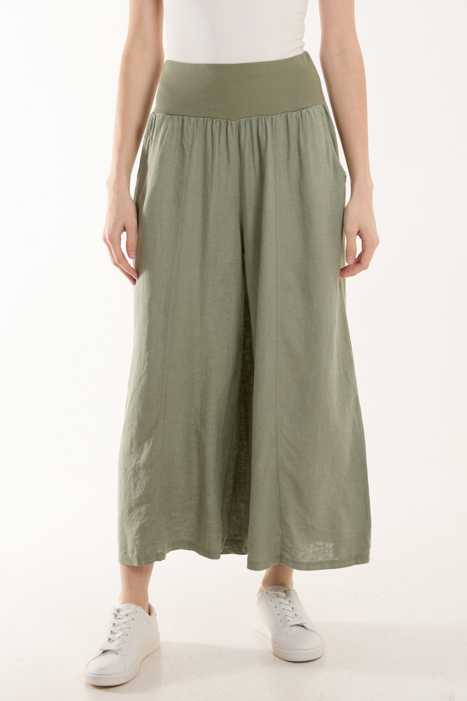 Linen Blend Wide Leg Waistband Trousers
