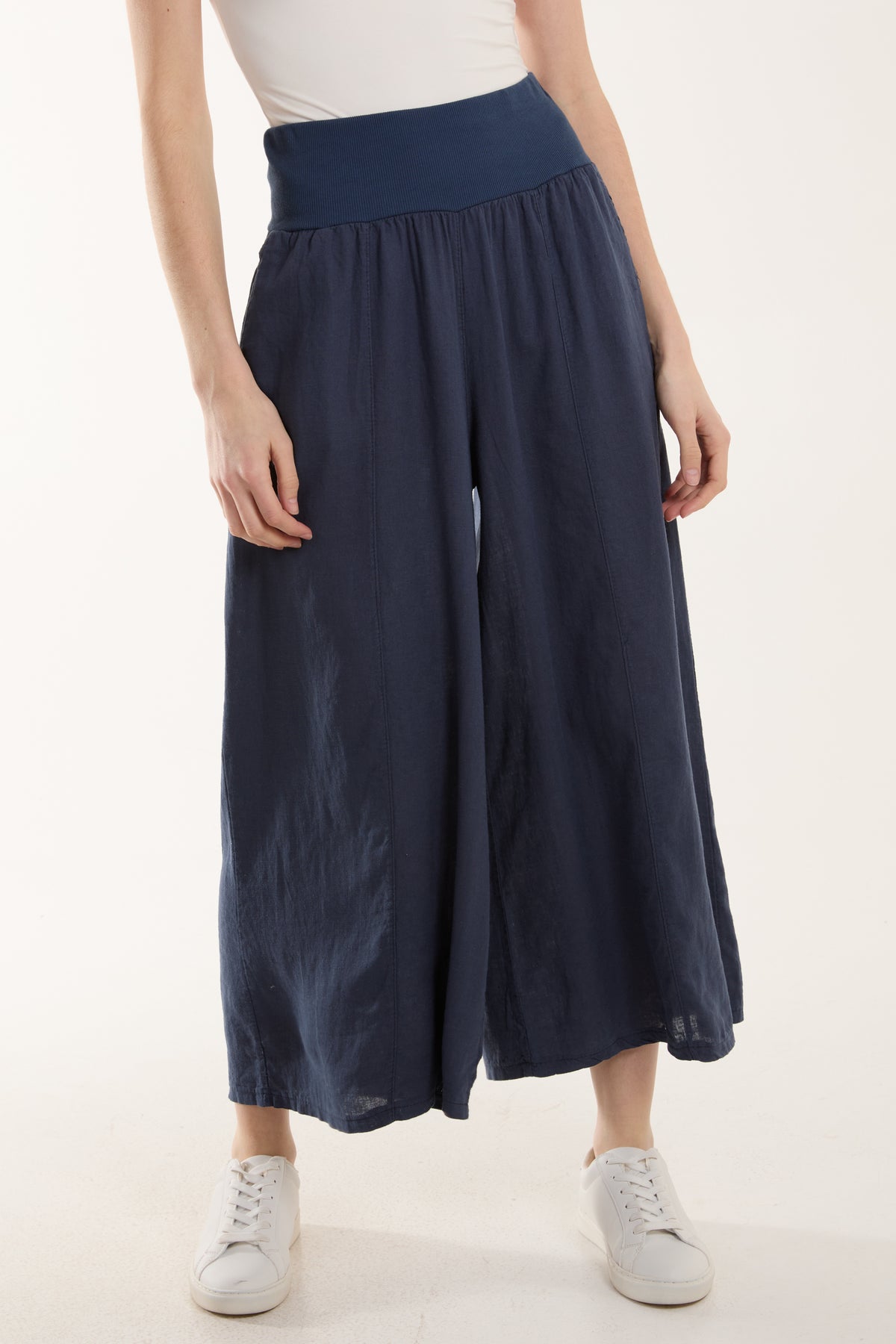 Linen Blend Wide Leg Waistband Trousers