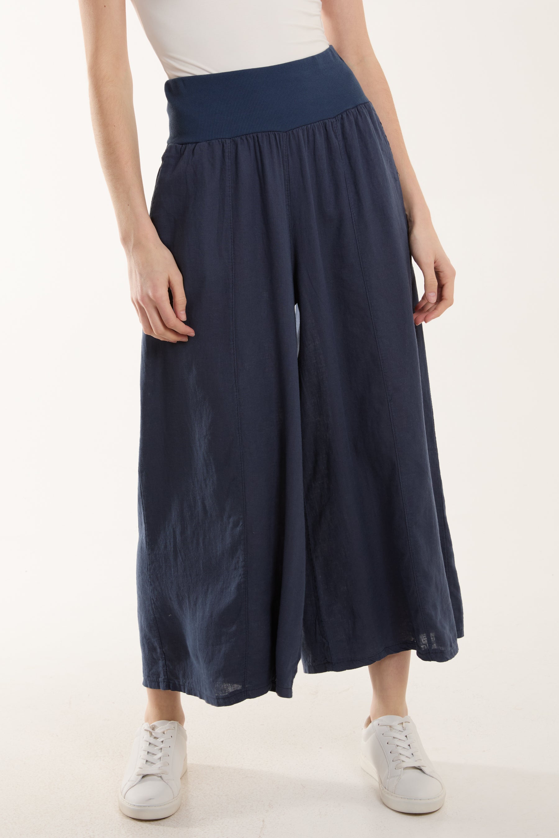Linen Blend Wide Leg Waistband Trousers
